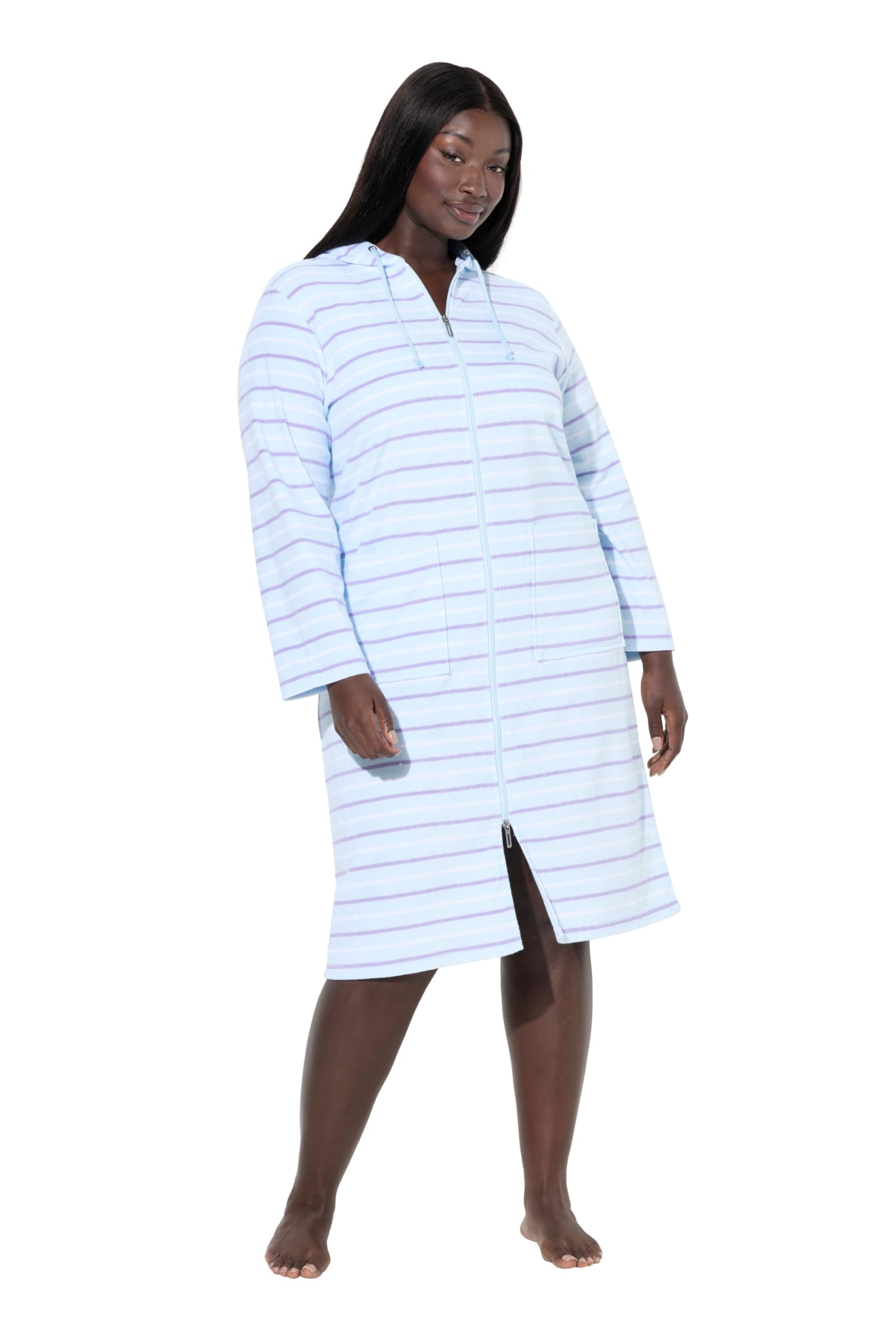 Ulla Popken Damen große Größen Übergrößen Plus Size Bademantel, Streifen, 2-Wege-Zipper, Langarm, Frottee 821543