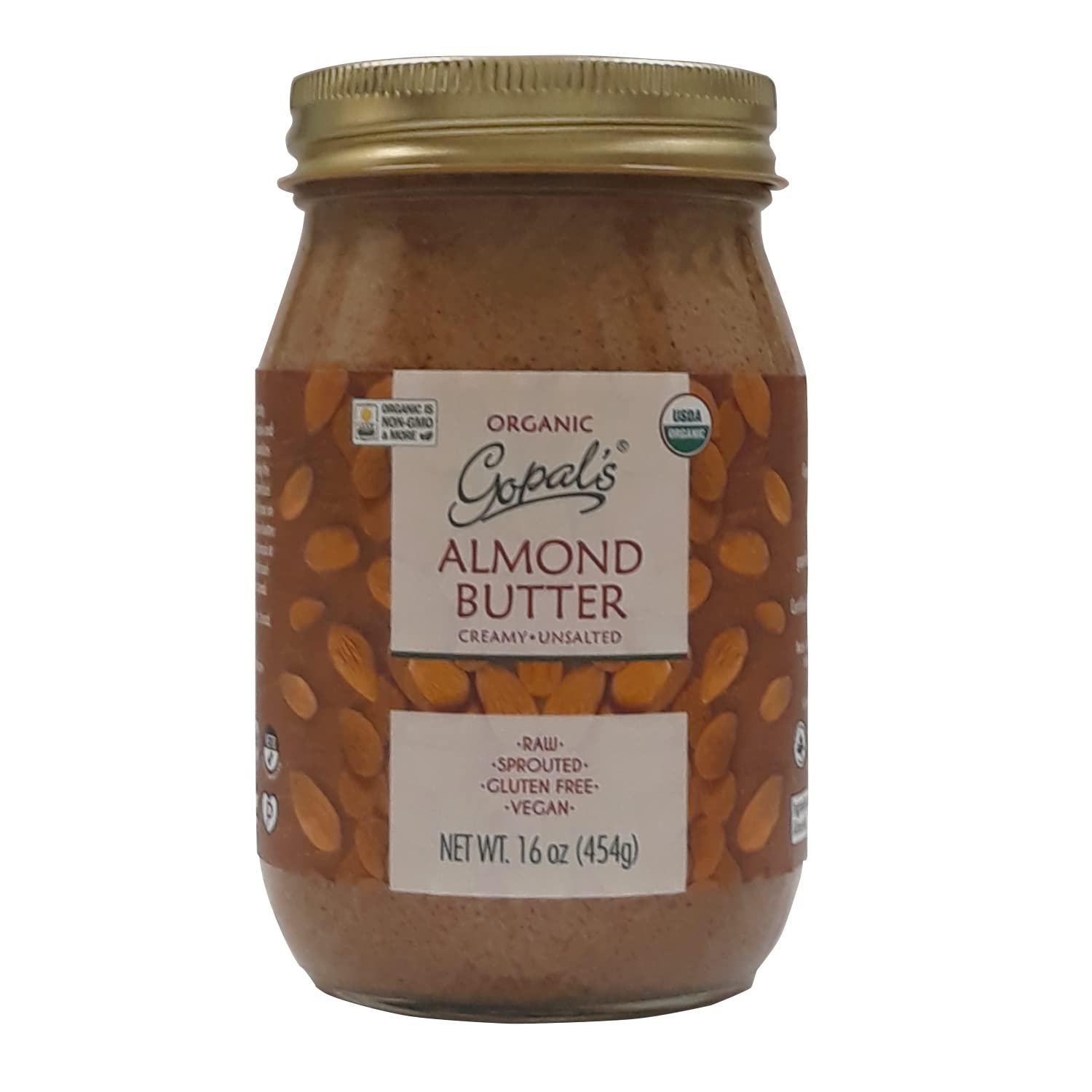 Gopal's Organic RAW SPROUTED Almond Butter, USDA Organic and Gluten-Free, Creamy and Unsalted, 16 Ounce (453 Grams) Glass Jar
