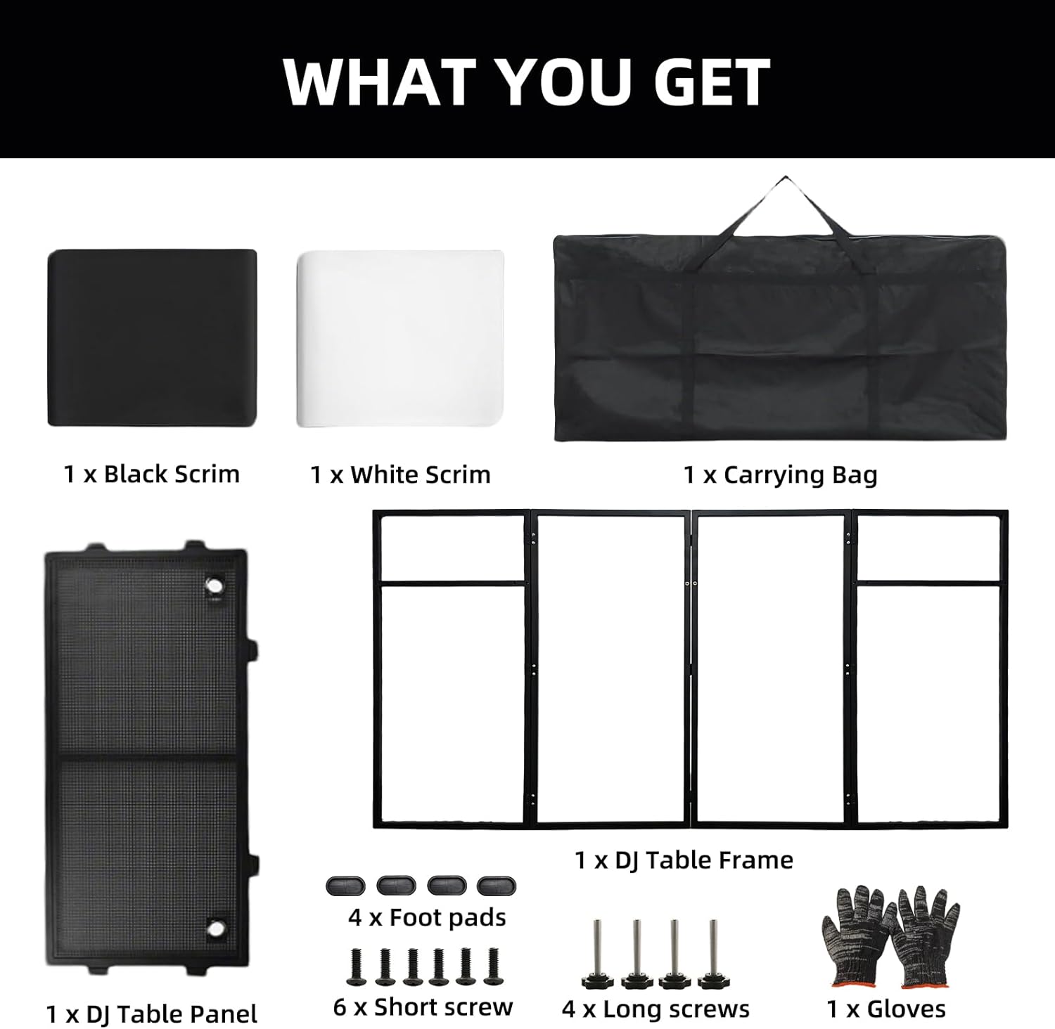 DJ Booth Portable 44 * 21 * 48in, DJ Facade Booth DJ Table Stand w/Black & White Scrim, Carrying Bag, Metal Foldable DJ Stand Table Station for Wedding, Show, Party