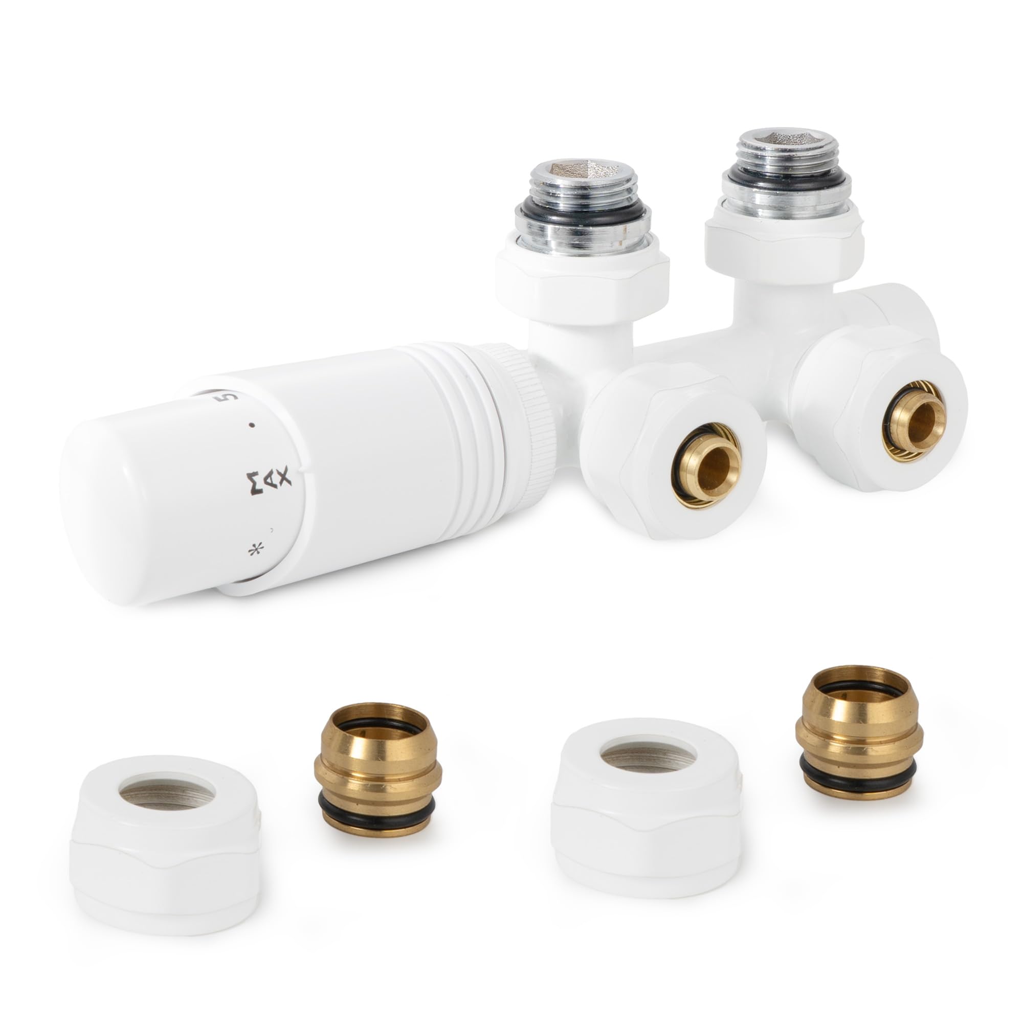 VANCOCO Multiblock con termostato per radiatori 50 mm, distanza mozzo, blocco rubinetto, set di rubinetti valvola a forma di passaggio con cono europeo per tubi in plastica Ø 16 × 2 mm e diametro 15