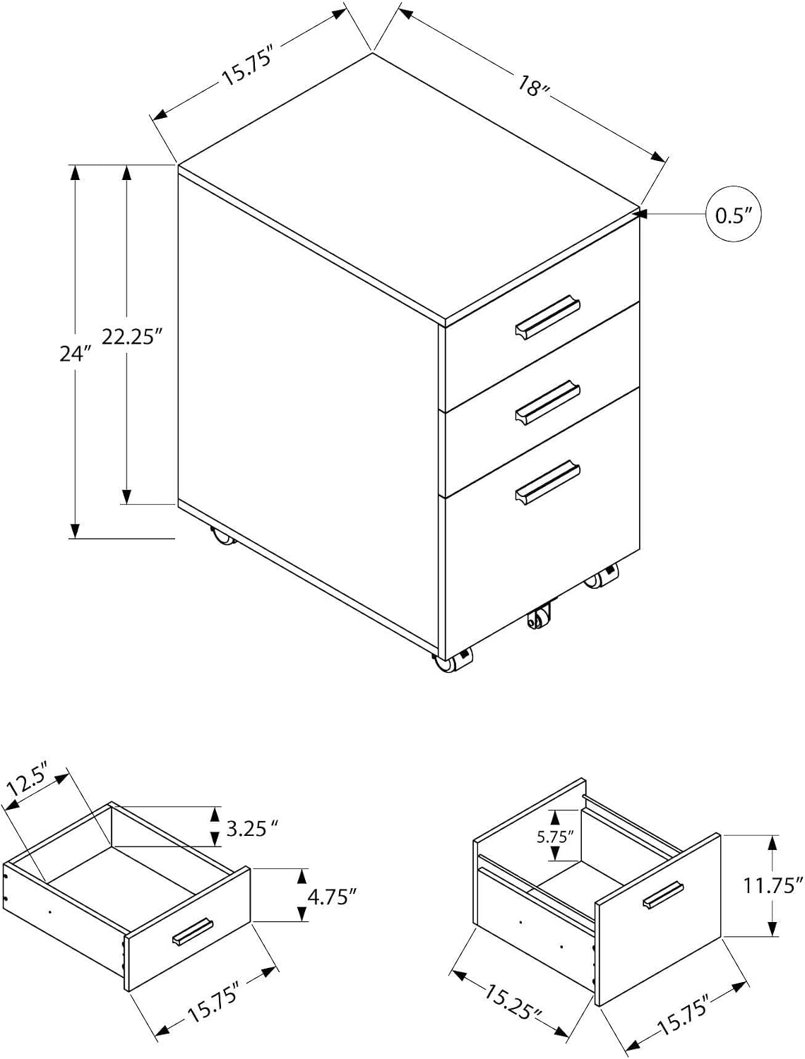 Pemberly Row Mobile File Cabinet, 24" H x 15.75" W x 18" D, White Laminate Finish, 3 Drawer Design with Legal and Letter Storage, Rolling Printer Stand with 5 Casters for Home or Office Use
