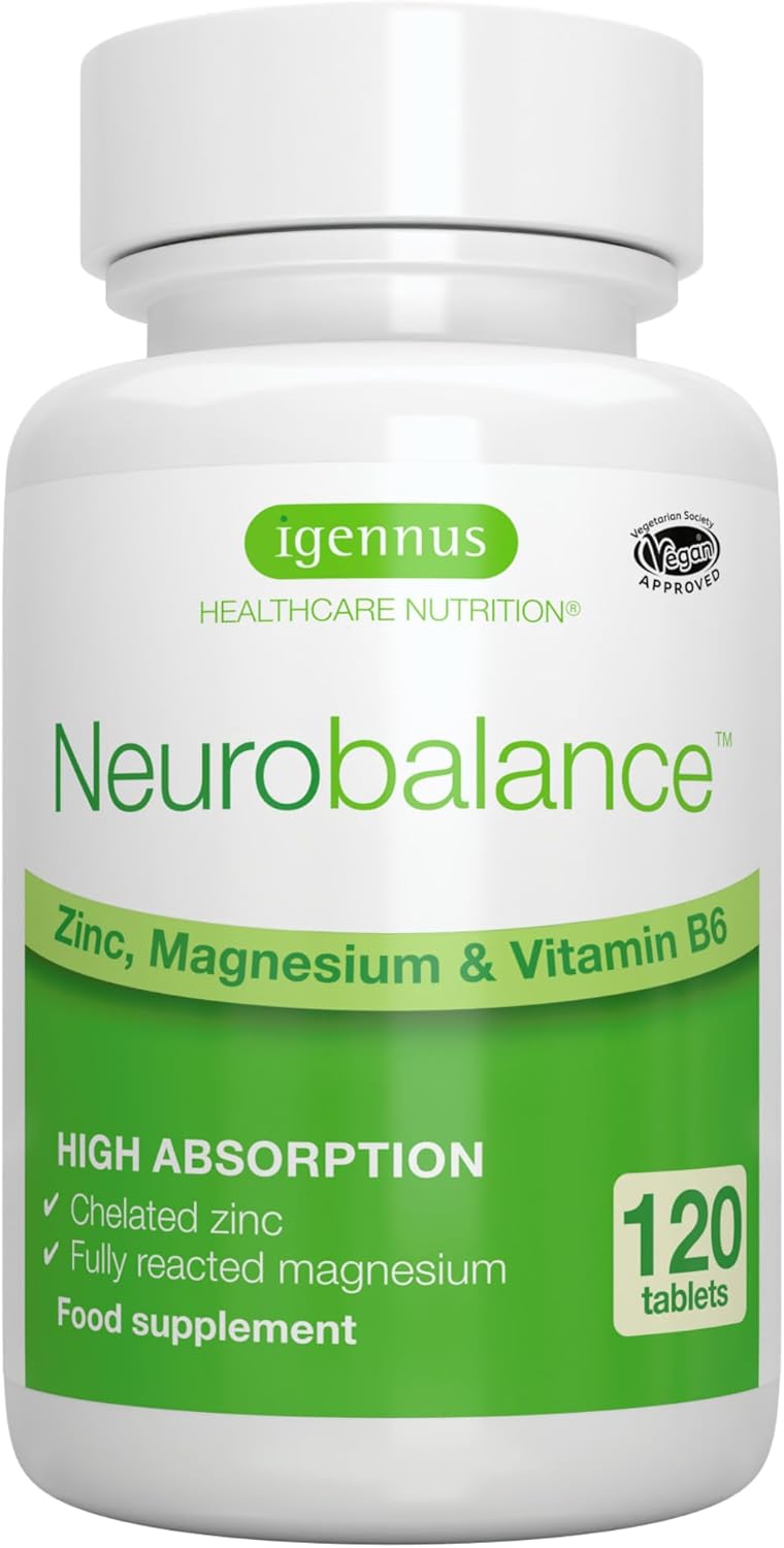 Igennus Neurobalance, High Absorption Zinc, Magnesium & B6 for Adults & Kids, Clean Label, Brain Function & Focus, Sleep Aid, Muscle Recovery, 24mg Chelated Zinc Picolinate, 120 Vegan Tablets