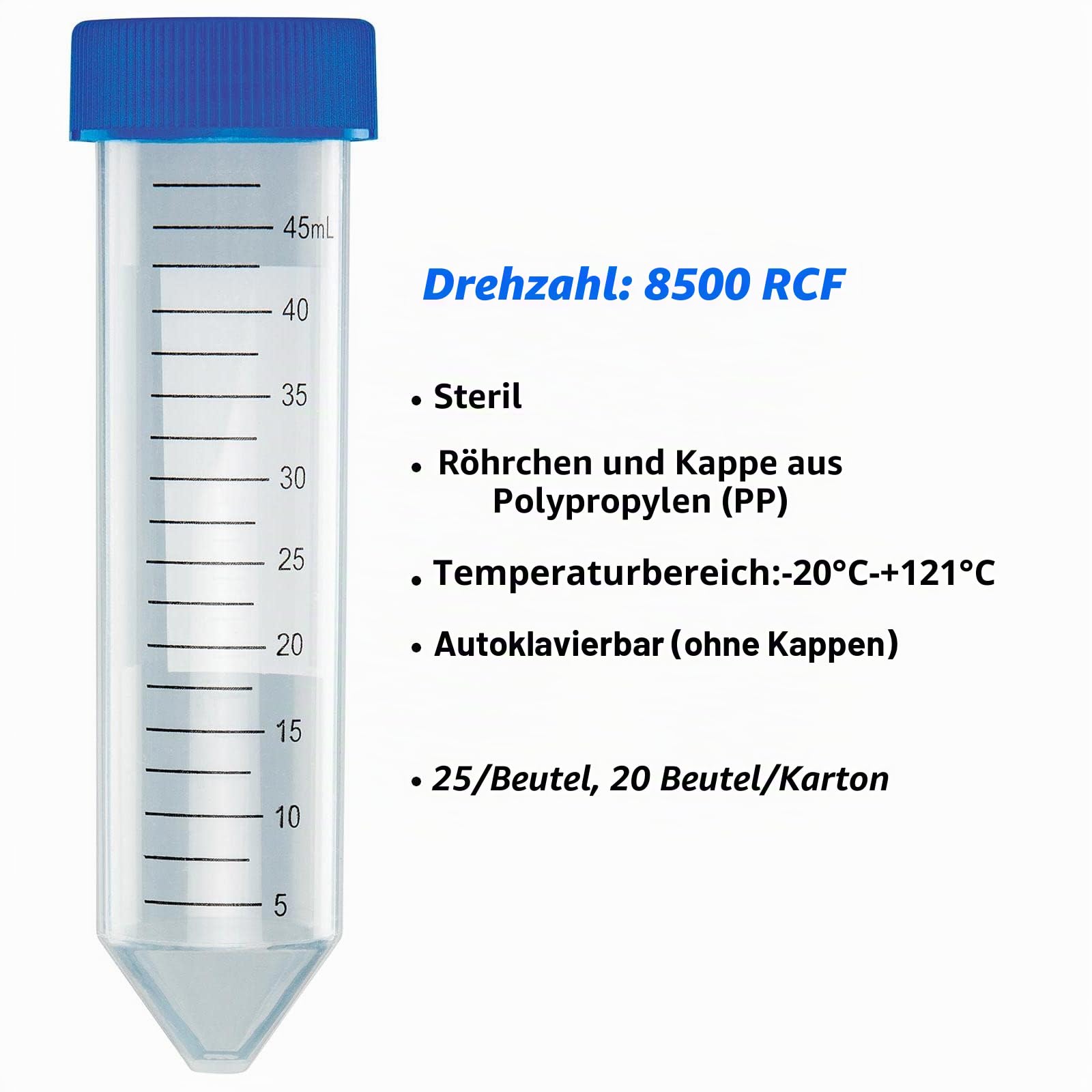 Globe Scientific 50mL Centrifuge Tube with Attached Blue Flat Top Screw Cap, 6288, Polypropylene, Sterile, Printed Graduation, 25/Bag, 500/CS