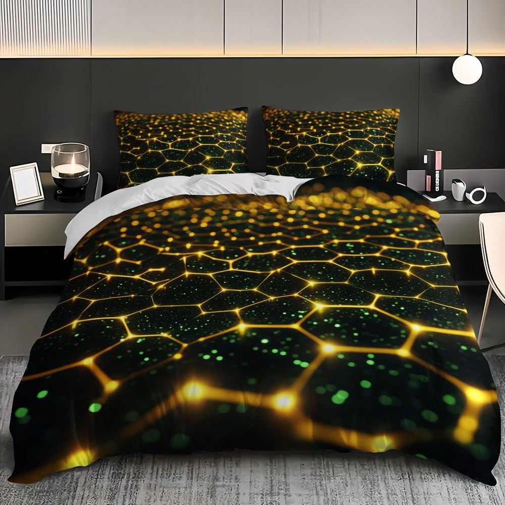 Poszwa na kołdrę 220x220cm Łóżko 135 - Fluorescencyjna zielona poszwa na kołdrę z mikrofibry i 2 poszewki na poduszki 50x75, sztuka geometryczna złota z plastrem plastra miodu miękki i wygodny zestaw