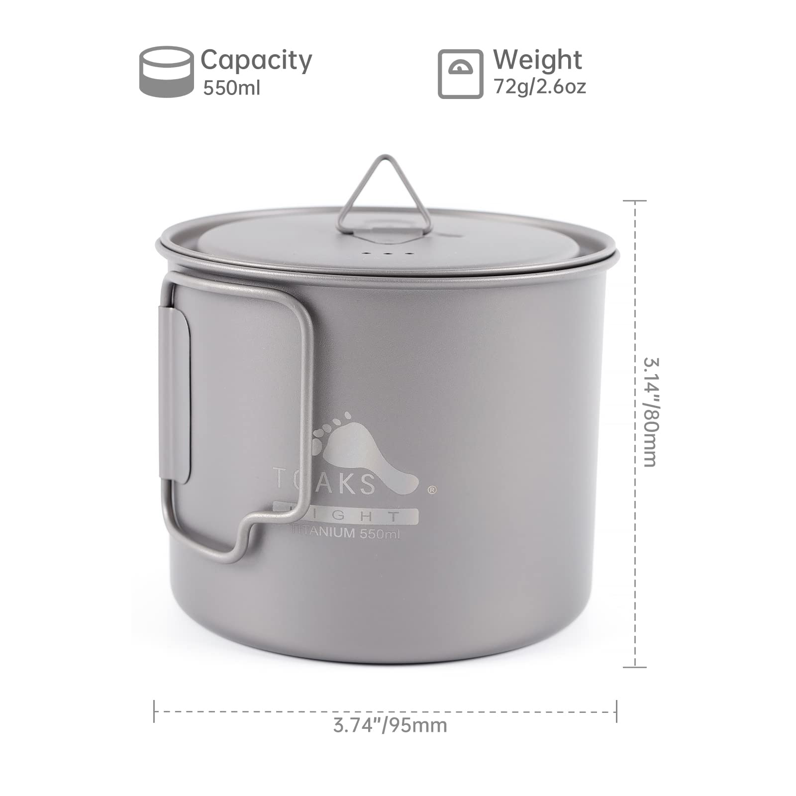Ultraleichter Titan-Kochtopf von Toaks, TOA-POT-550-L, 550