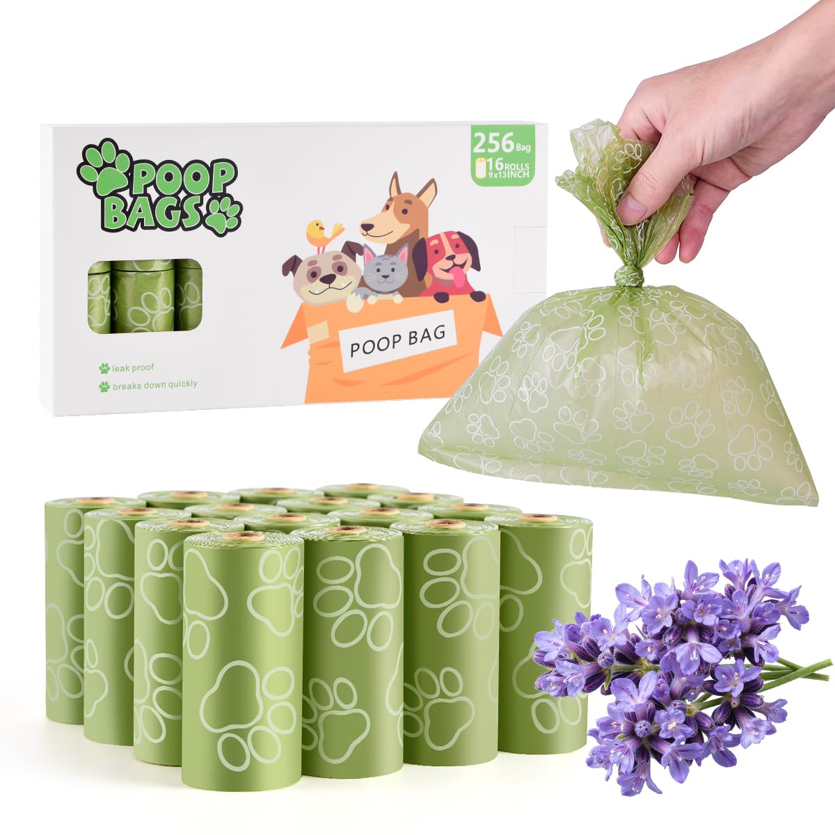Qiookioo Poop Bags Rolls 256 Count - 9x13 Inches Green Thickened Leakproof Lavender scent Poo Bags for Dogs, Eco-Friendly Pet Waste Bags for Walking, Home, Travel