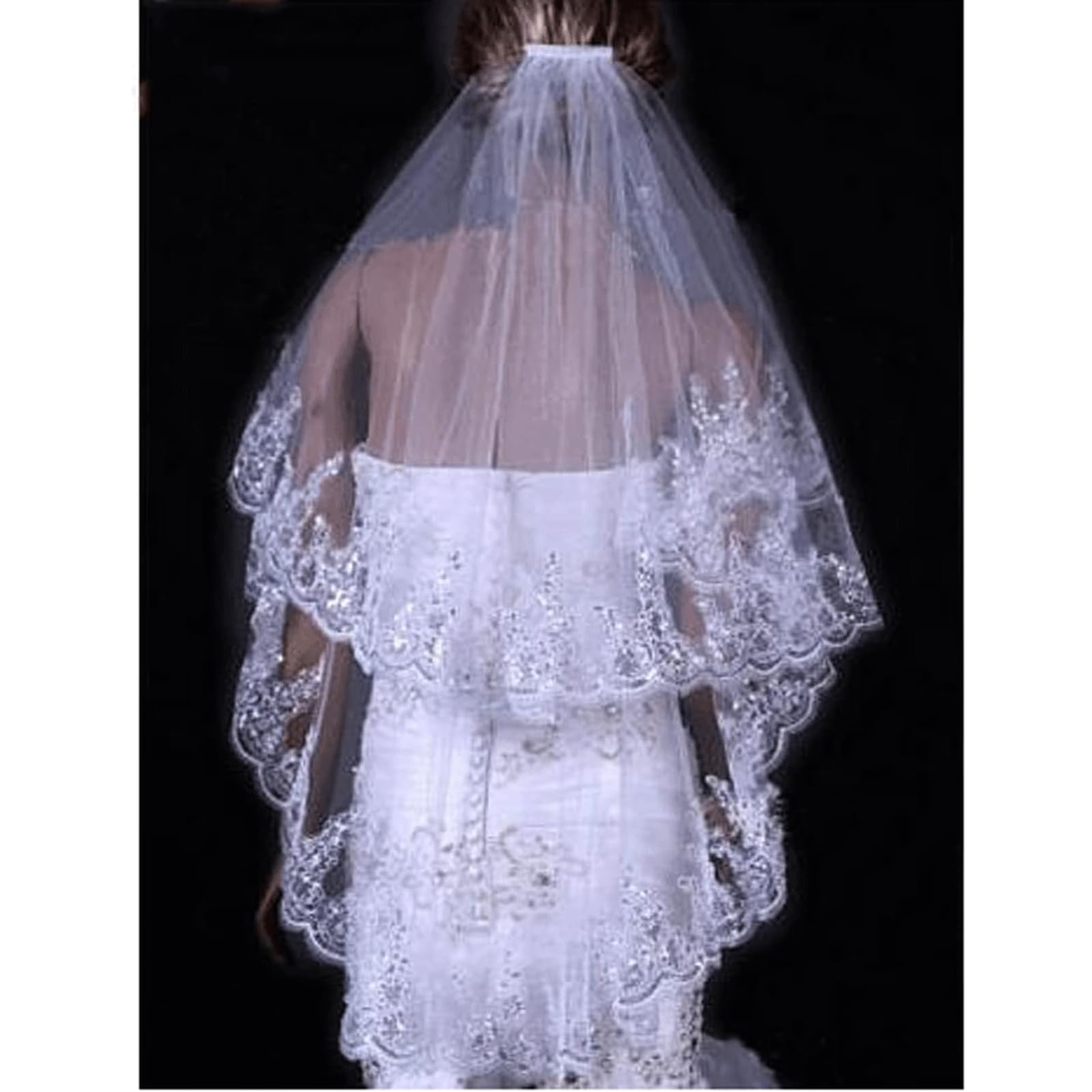 Rieort Velo da Donna Veli da Sposa in Tulle a 2 Livelli Bordo Applicato in Pizzo Velo al Gomito con Strass Velo a Goccia con 1 Pettine Velo da Sposa in Tulle Traspirante