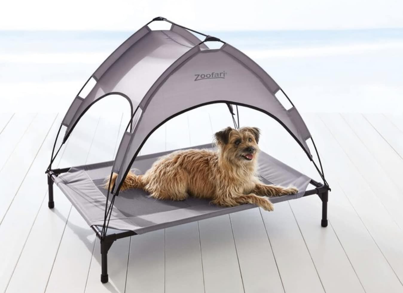 Zoofari Dog Bed with Sun Shade Raised position provides ventilation keeping dog cool, Protects from the sun up to UV 50 Suitable for indoor and outdoor use, W106 x H85 x D75cm