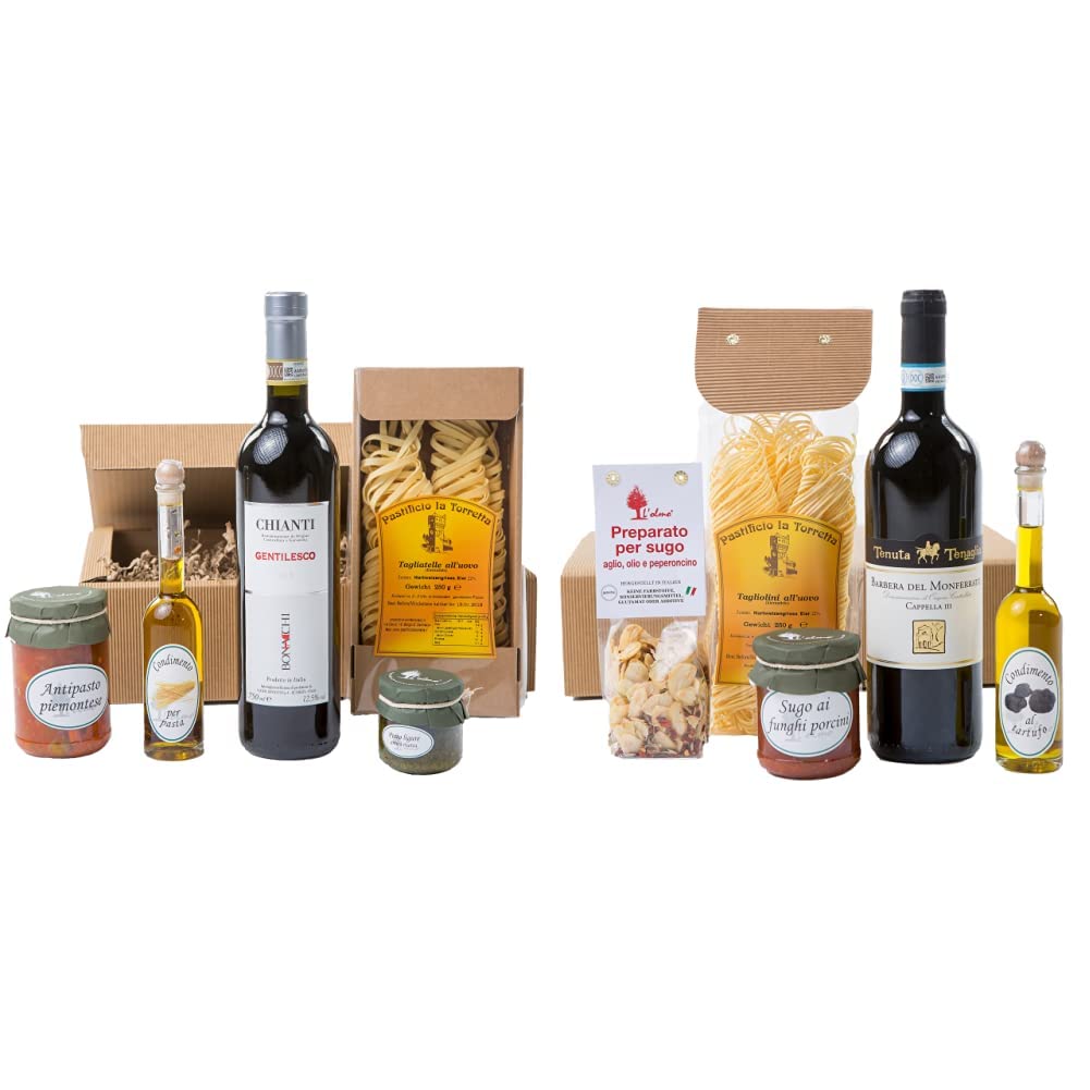 Geschenk-Set Präsentkorb%22Tavola Italiano%22 mit Piemonteser Feinkost und Chianti & Präsentkorb „Genussreise Piemont“ mit italienischen Spezialitäten: Piemonteser Feinkost und Barbera