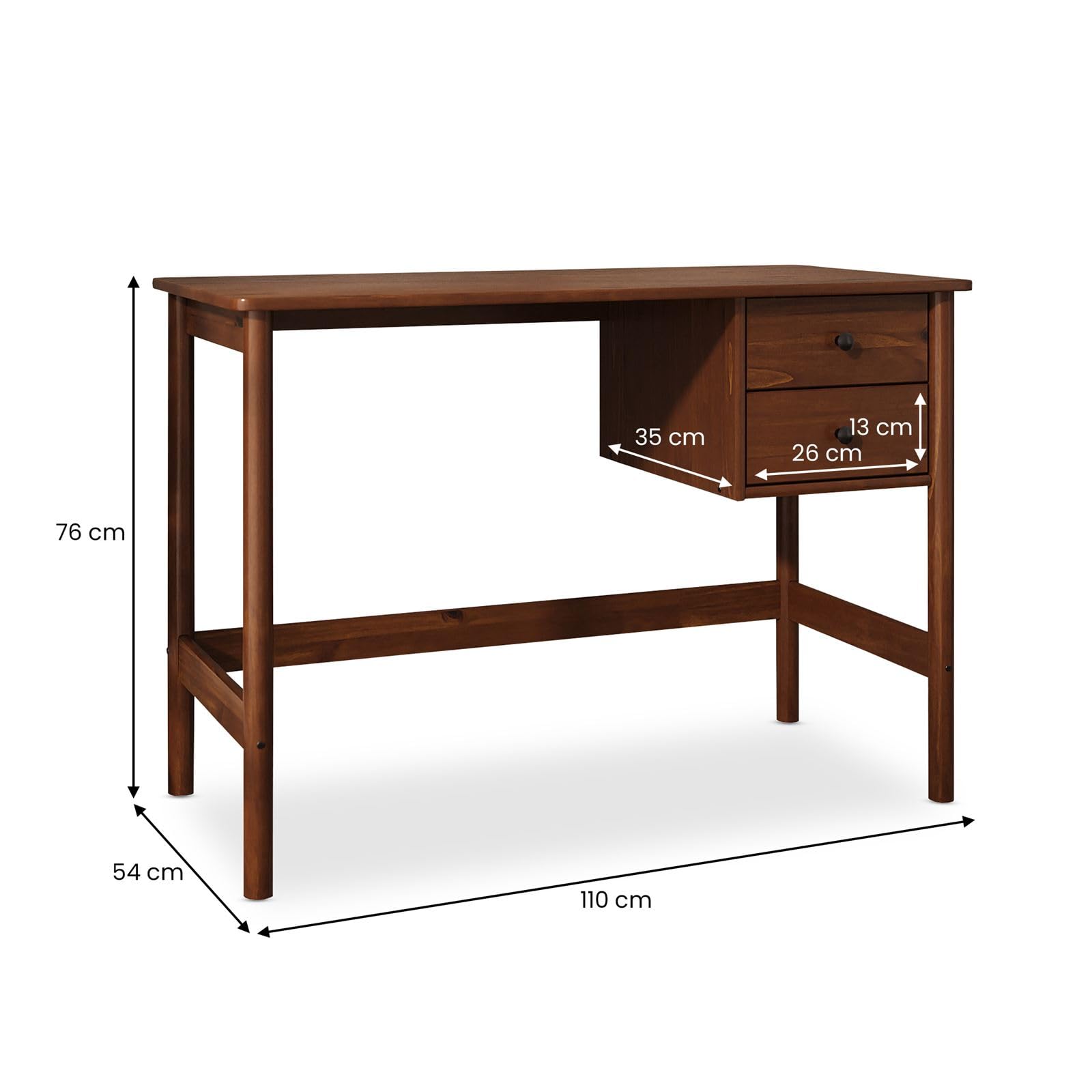 IDIMEX Schreibtisch Marlo aus Massivholz, Kastanie Farben – Holzschreibtisch mit 2 Schubladen, Homeoffice Tisch mit Stauraum, minimalistisches Design