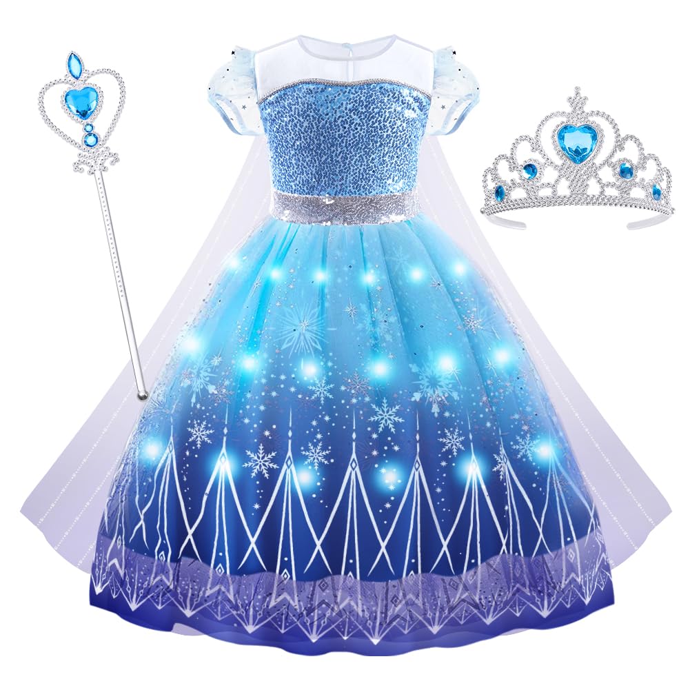 AUYAO LED Princess Kostüm Kinder Mädchen 3Pcs Prinzessinnenkleid Set Kinder mit Krone Diadem Zauberstab Girls Princesscostume für Weihnachten Verkleidung Karneval Halloween Geburtstag Party(100-150cm)