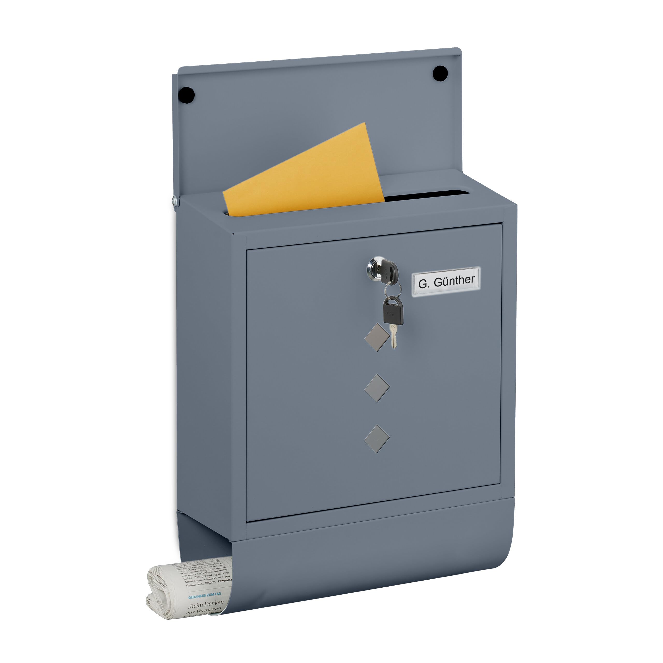 Relaxdays letterbox with window, metal, 4 keys, newspaper compartment, postbox, HWD approx. 38 x 31 x 13 cm, anthracite