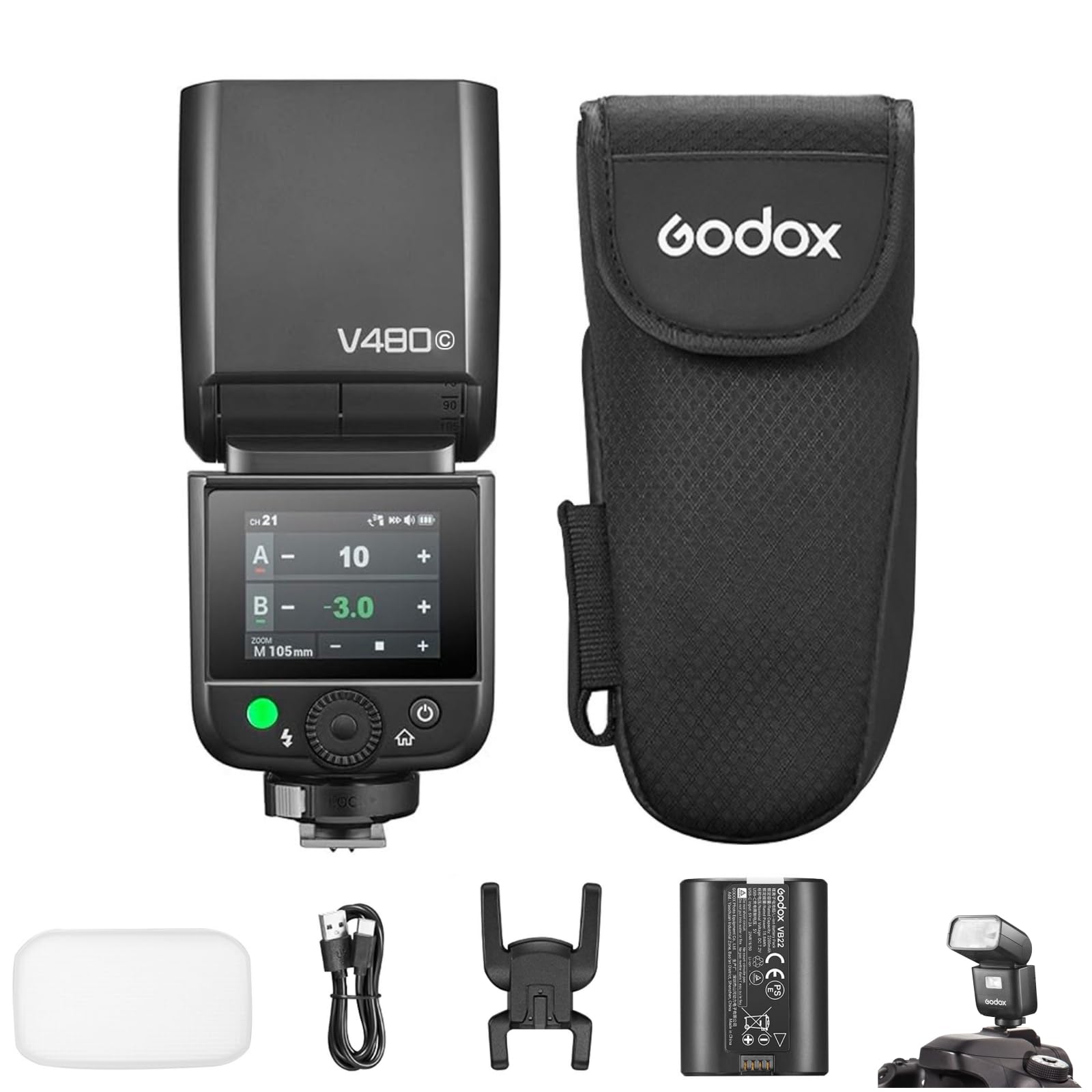 GODOX V480C Flash TTL per fotocamera Canon, numero guida 50, Speedlite 650, HSS 1/8000s, tempo di ricarica 1,7s, luce pilota LED integrata da 5600K con diffusore