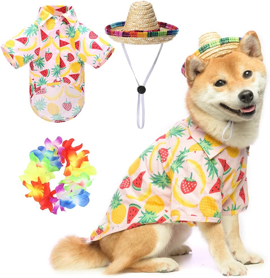 EXPAWLORER Dog Hawaiian Shirt - Breathable Summer Dog Clothes with Straw Hat and Garland, Floral Furit T-Shirt, Puppy Clothes for Small,…