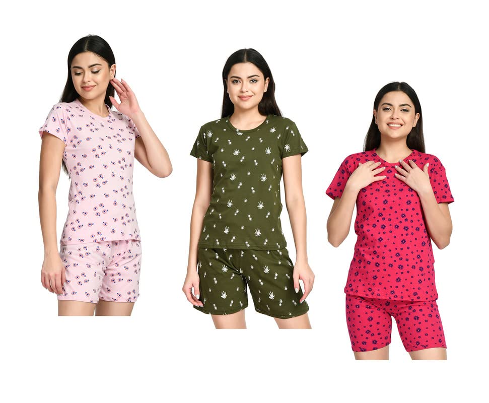 Image of IndiWeaves Cotton Printed Tops and Shorts Set Night Suit for Women (Pack of 3) Pink::Green::Red