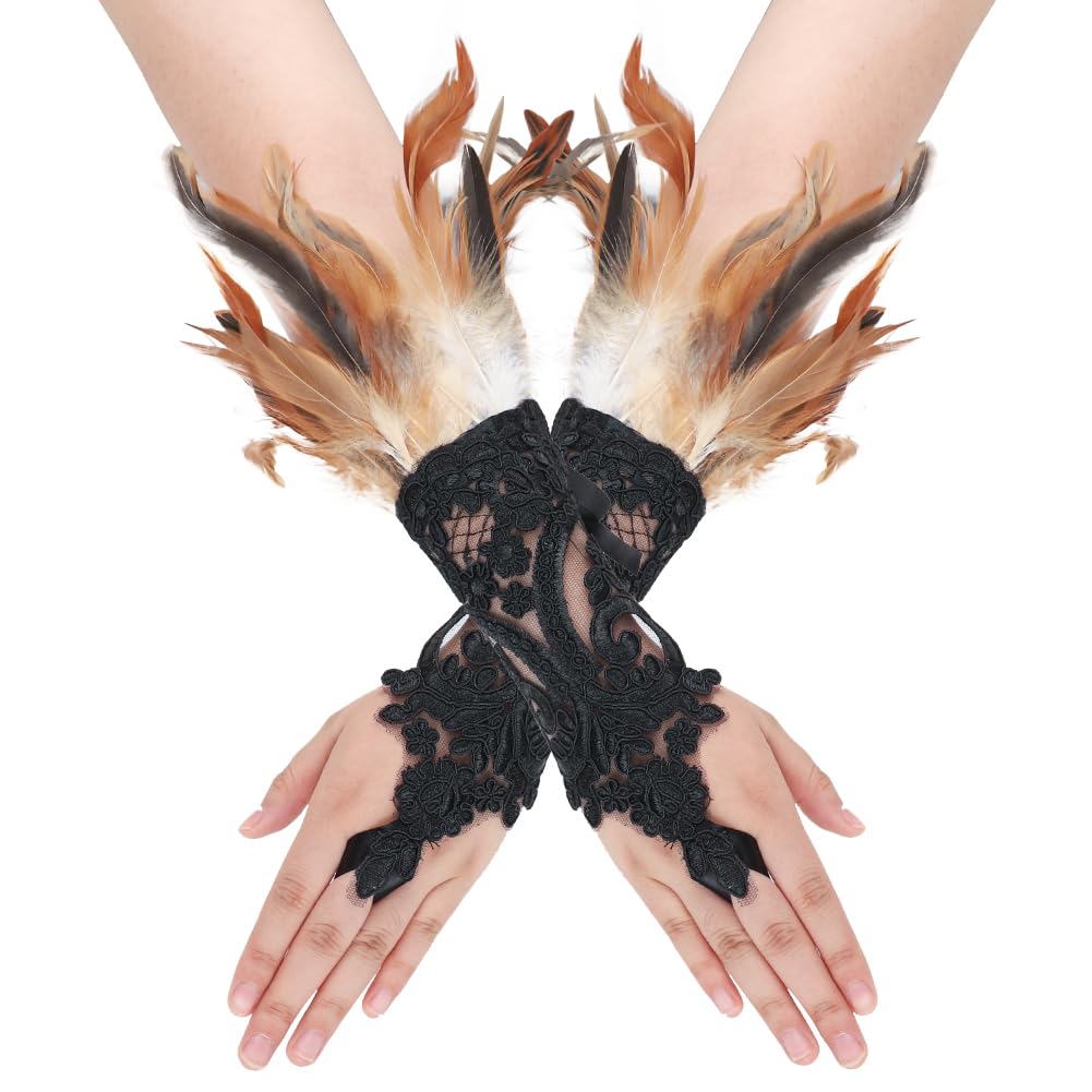 1 Pair Feather Lace Gloves Womens Halloween Costume Gloves Feather Cuffs for Wrists Vintage Lace Fingerless Gloves for Women Anklet Bracelet Wedding Gloves for Cosplay Carnival Costume Accessory