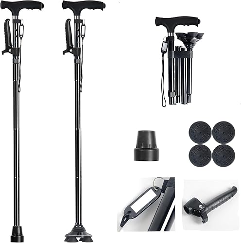 Ycpasta Bastón plegable, plegable, resistente, parte inferior gira 360 grados, luz LED ajustable, segundo mango para estar de pie, bastones