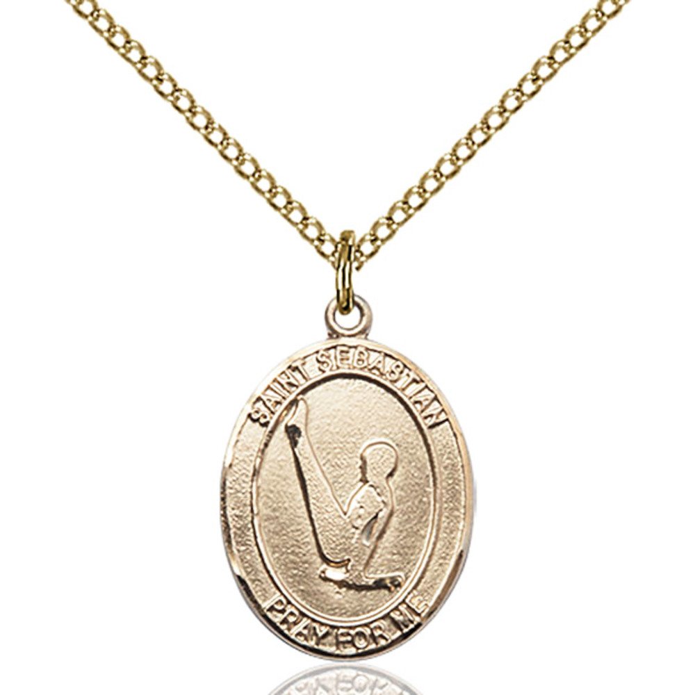Bonyak Jewelry Saint Medal Collection Custom Engraved Gold Filled St. Sebastian/Gymnastics Pendant 3/4 x 1/2 inches with Gold-Filled Lite Curb Chain