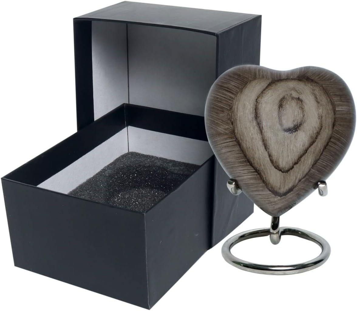 BOLD & DIVINE Wooden Textured Theme Keepsake Urn | Human Ashes Memorial Urn, Burial, Funeral Cremation Urns (Grey Wood, Heart Shape)