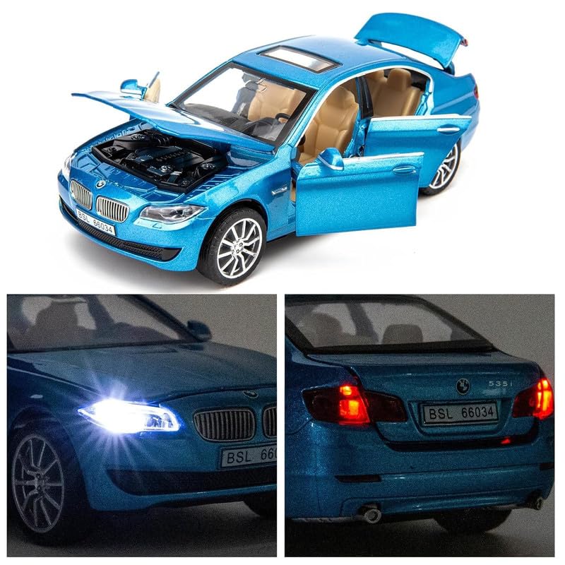 Image of Kids Model 1:32 BM 535I Die Cast Metal Car Pull Back Action Opening Doors with Realistic Engine Sound Lights Toy Car Gift for Boys - Blue