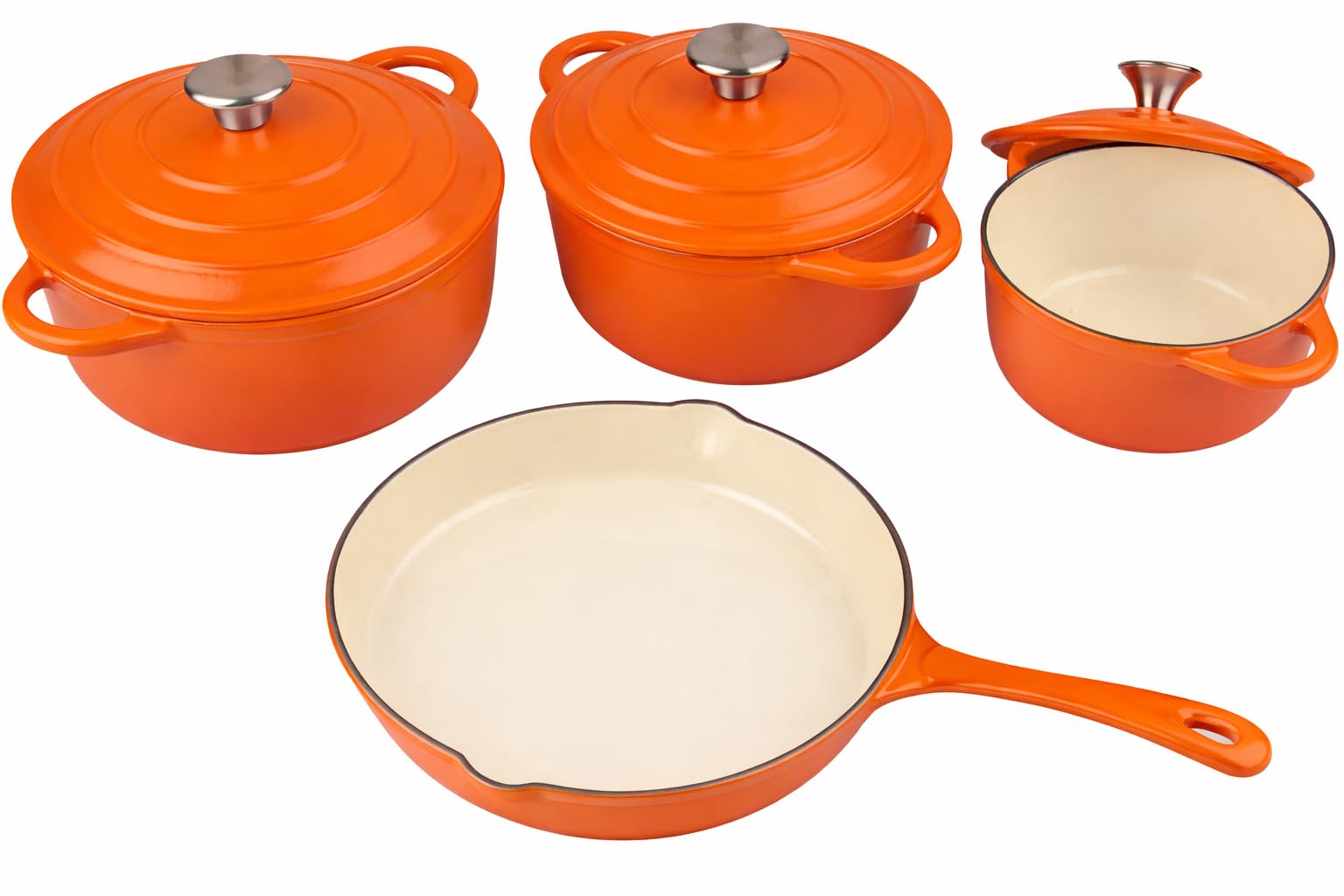 Enamel Cast Iron Dutch Oven and Saucepan Set with 7 pcs Non Stick Pans Set, 3 Small Medium Large Dutch Ovens with Lid and 1 Sauce Pan, Gas Induction Cooker Compatible Cookware - (Orange)