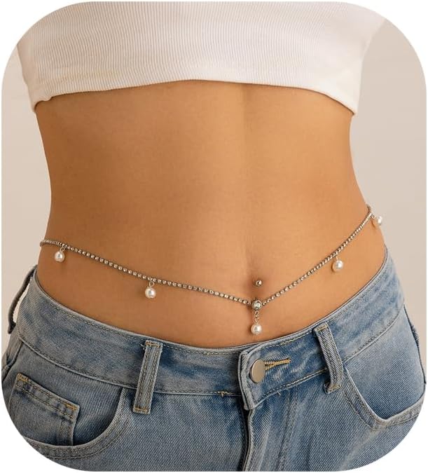 シンプル ラインストーン へそ ネイル ウエストチェーン 女性用 夏 ビーチ クリスタル パール タッセル ピアス へそチェーン セ