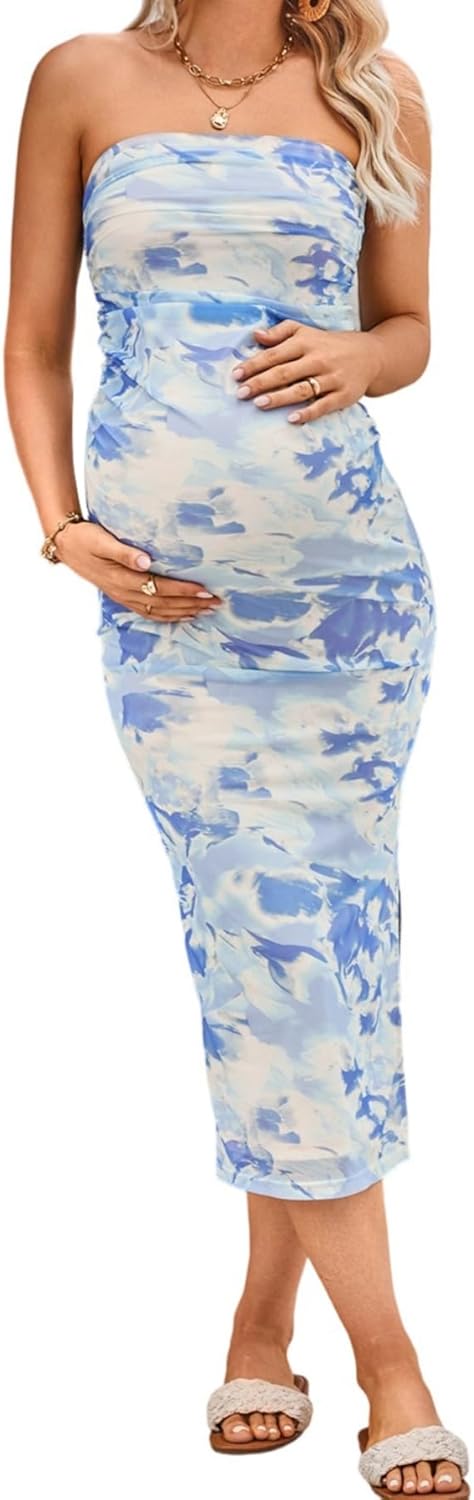 Milumia Women's Maternity Floral Mesh Split Strapless Tube Dress Bodycon Maxi Dresses Baby Shower Wedding Guest