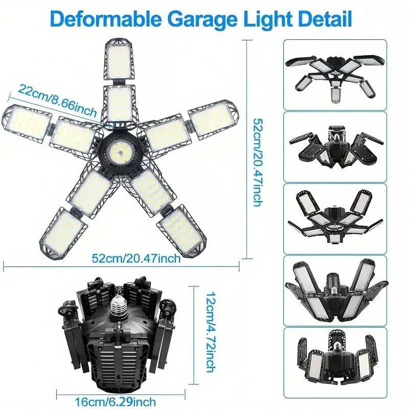 Image of 2 Packs LED Garage Light, Super Bright Screw in E26 /E27 Ceiling Shop Work Lamp, 260W 26000 Lumen Deformable Basement Bulb Fixture with 10+1 Adjustable Panels, Lighting for Workshop, Attic