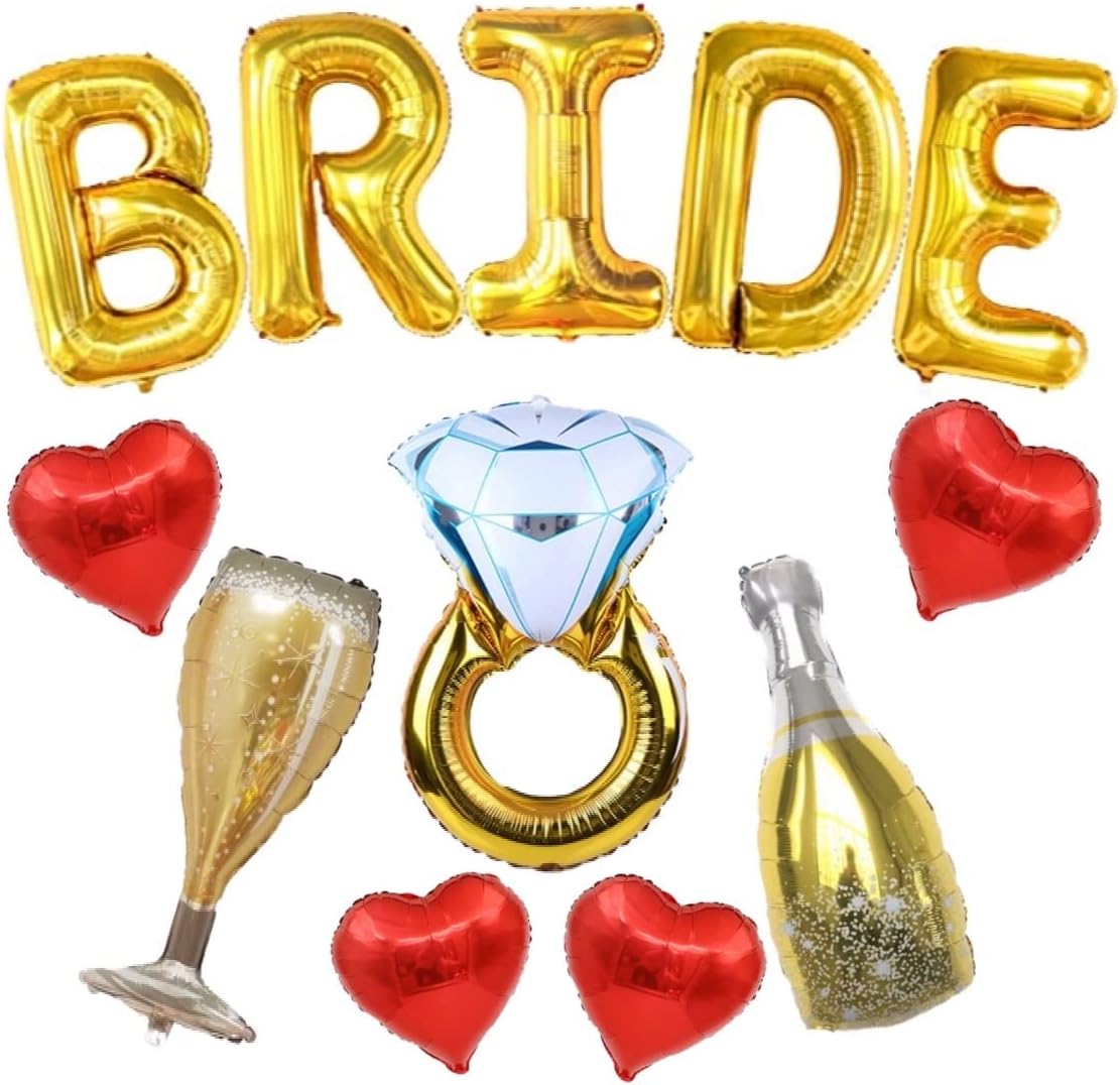 Huge Gold Bride Balloons Set， Diamond Ring Balloon, Silver Bachelorette Party