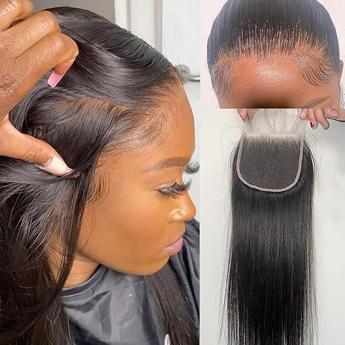 Cierre de encaje transparente de 4 x 4, cierre de encaje de cabello humano de grado 12A para mujeres, cabello virgen brasileño, cierre de encaje