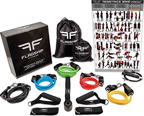 Flagship Fitness Resistance Band Home Workout Set - 5 Stackable Stretch Bands - Workout Poster Guide - Jump Rope - For Physical Therapy, Home Training