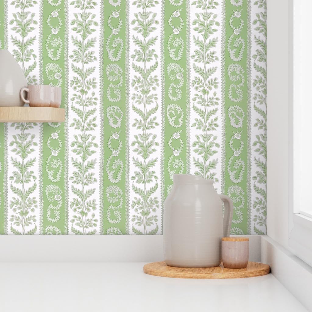 Peel & Stick Wallpaper 3ft x 2ft - Green Floral Stripe Victorian Fern Botanical Granny Chic Custom Removable Wallpaper by Spoonflower
