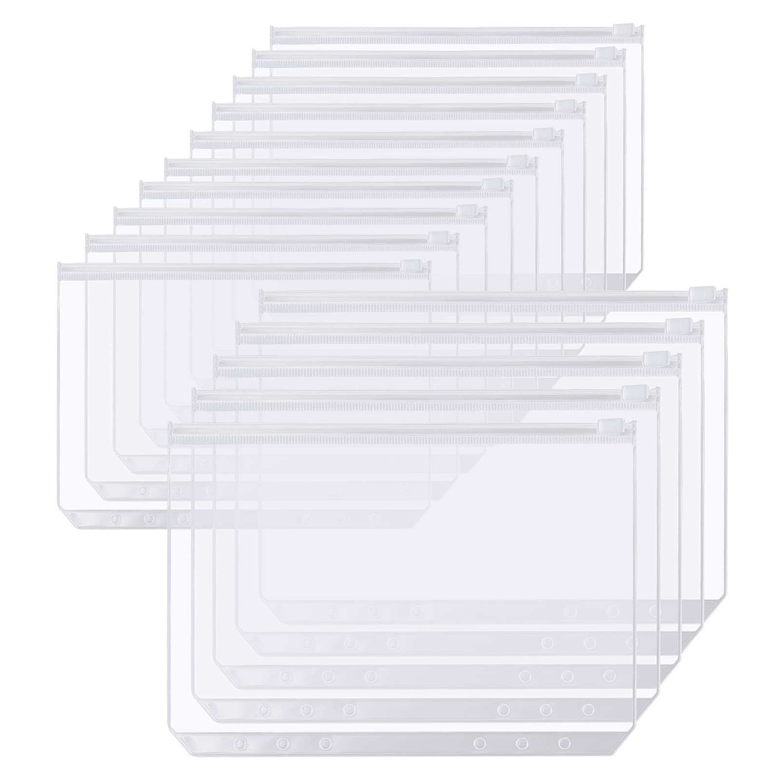 Molain 15 Pcs Zipper Punched Binder Pockets,10 Pcs A6+5 Pcs A5 Size, 6 Holes Ring Binders,PVC Plastic Wallets,Document Organizer Bill Folder, Transparent Storage Bags, Home Office Stationery Supplies