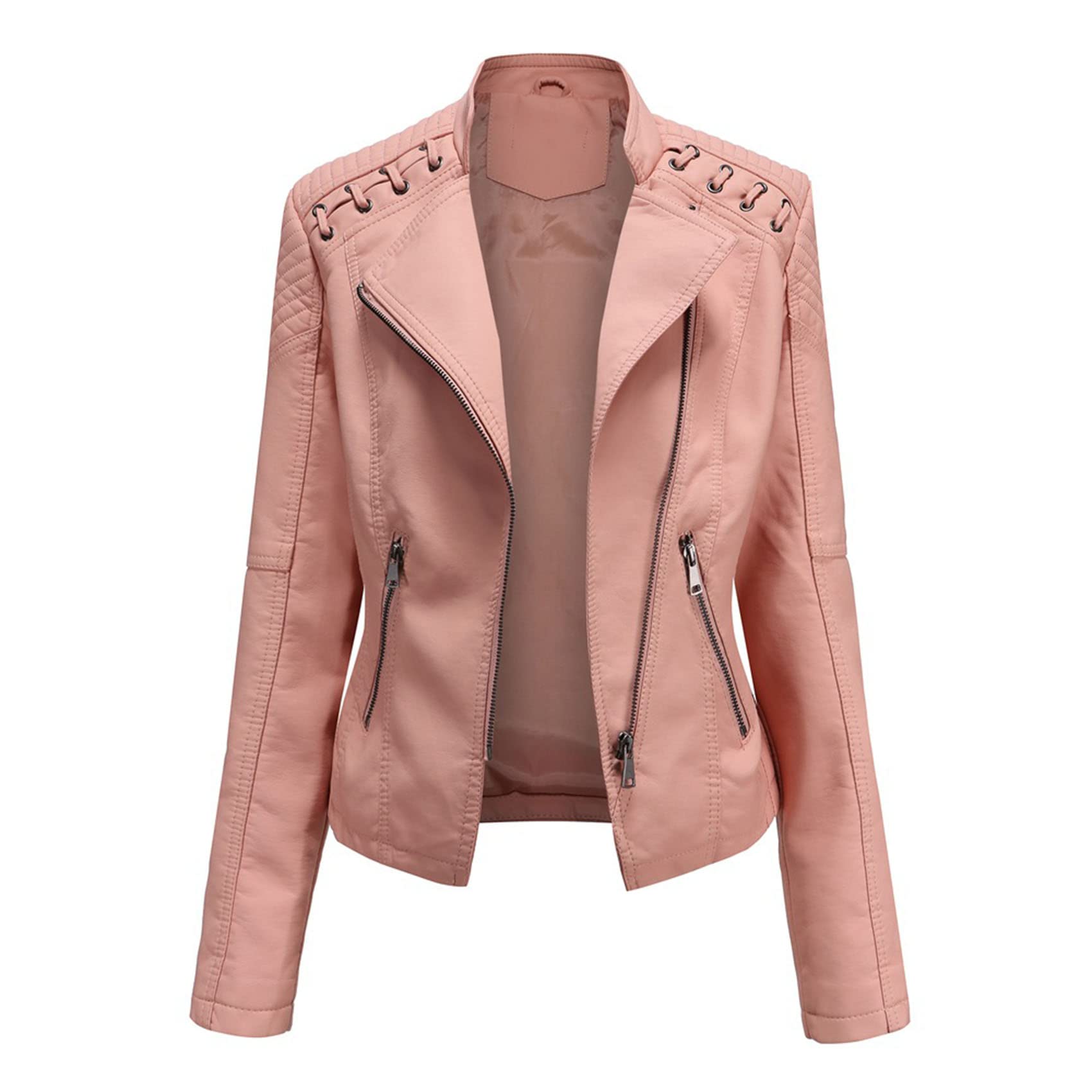 BDCUYAHSKLAutumn And Winter Casual Fashion Women'S Lapel Solid Color Long-Sleeved Slim Leather Jacket Short Diagonal Zipper Thin Leather Jacket Women