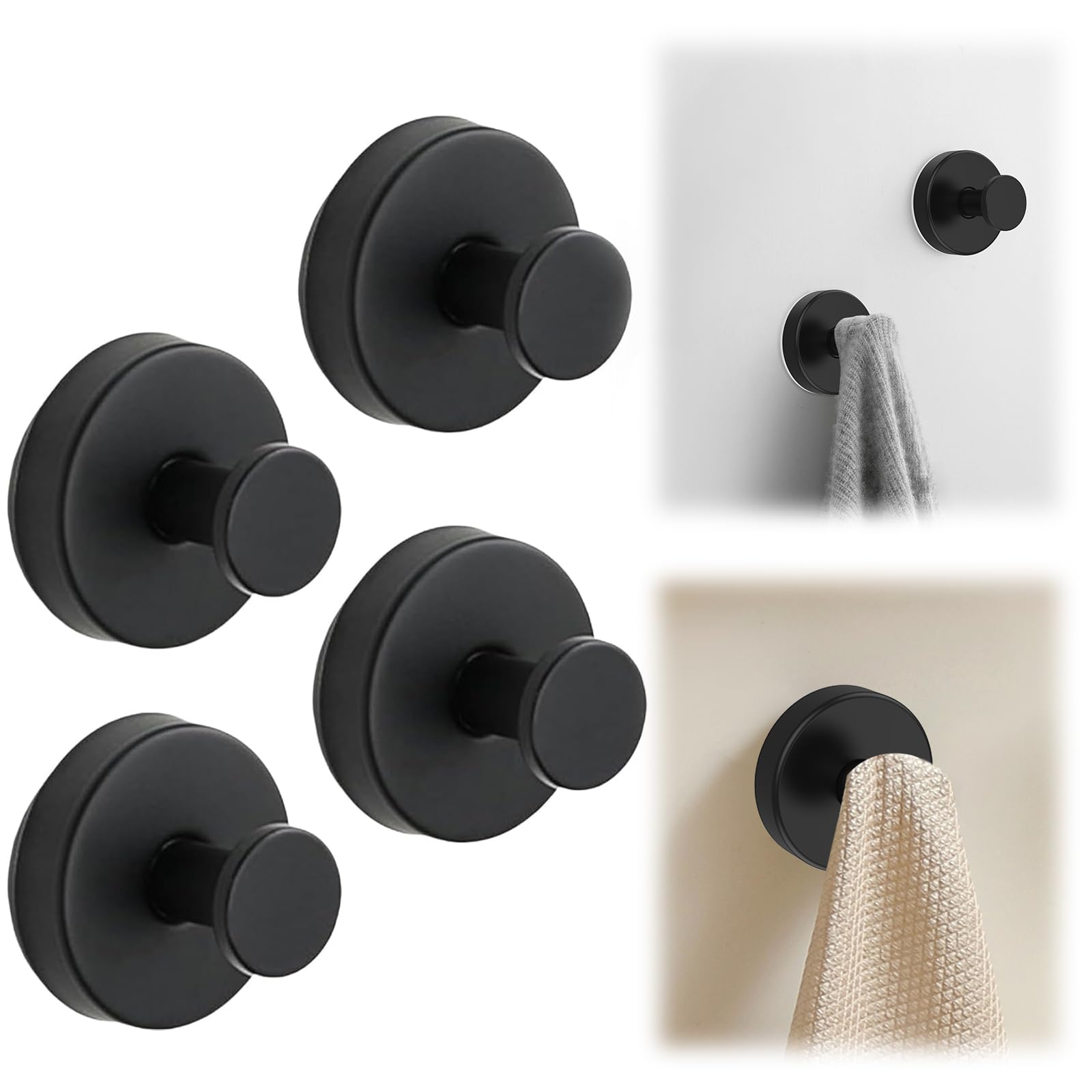 Benksaas Luxe Hold No-Drill Hooks, 2024 New Waterproof Suction Cup, Stainless Steel Vacuum for Shower, Bathroom, Kitchen, Glass Door, Mirror, Hanging Towels (Black, 4 PCS)