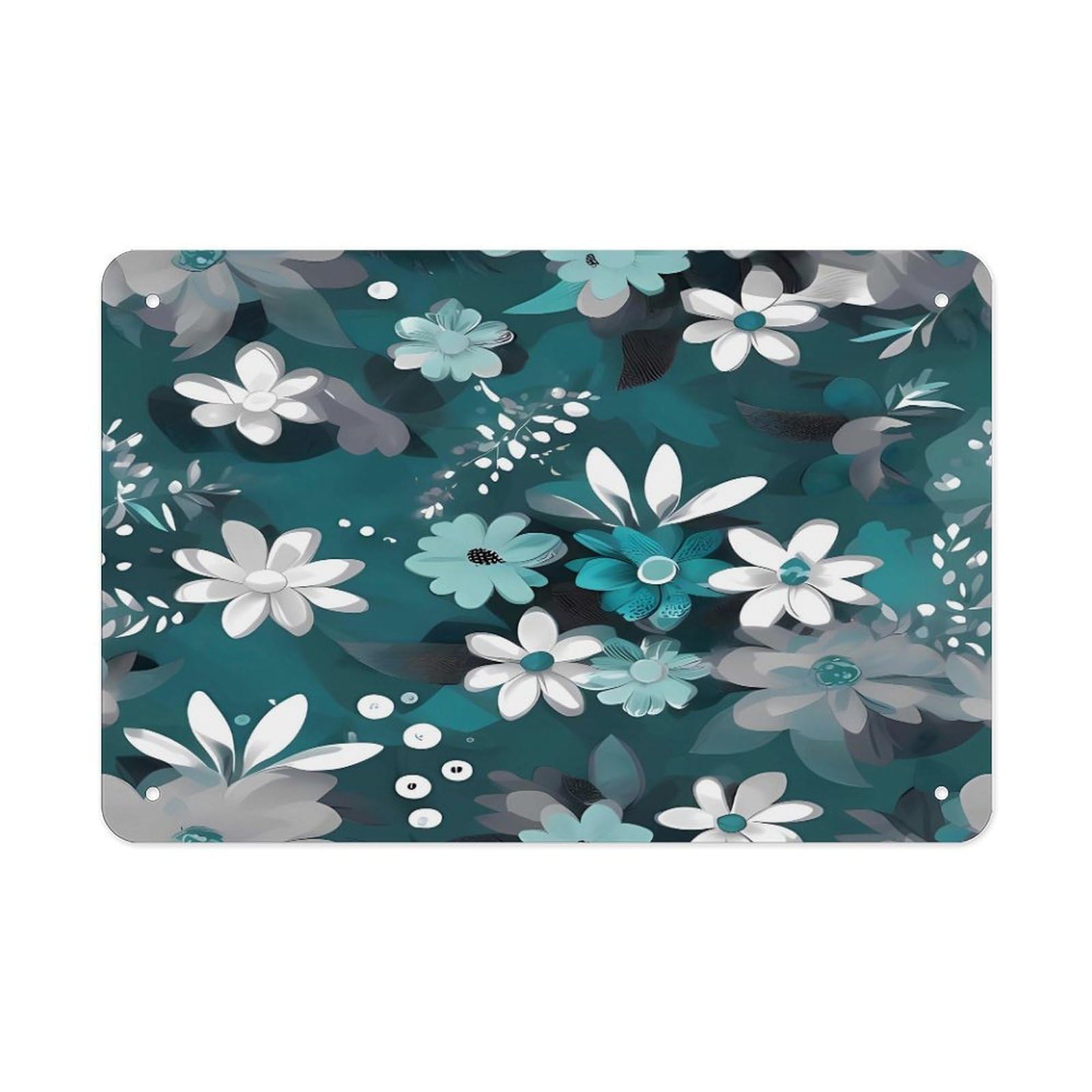 Teal Grey And White Floral Metal Tin Sign 12"x8" Wall Art Prints Poster Decorative Picture Metal Signboard Decor Painting Folded Edge Iron Sheet Painting with Holes for Wall Decor