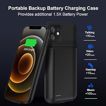 13800mAh Rechargeable Charging Case Compatible with iPhone 12/ iPhone 12 Pro (6.1 inch) with Screen Protector, Black