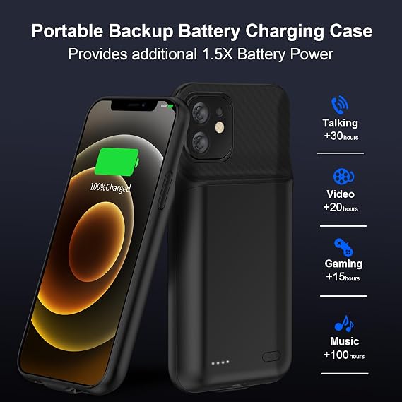 13800mAh Rechargeable Charging Case Compatible with iPhone 12/ iPhone 12 Pro (6.1 inch) with Screen Protector, Black