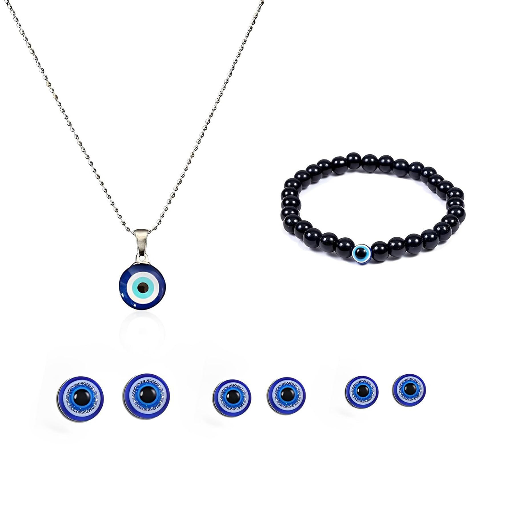 Xia Evil Eye Necklace Chain, Bracelet, 3 Sizes Earring Combo for Women Men Girls