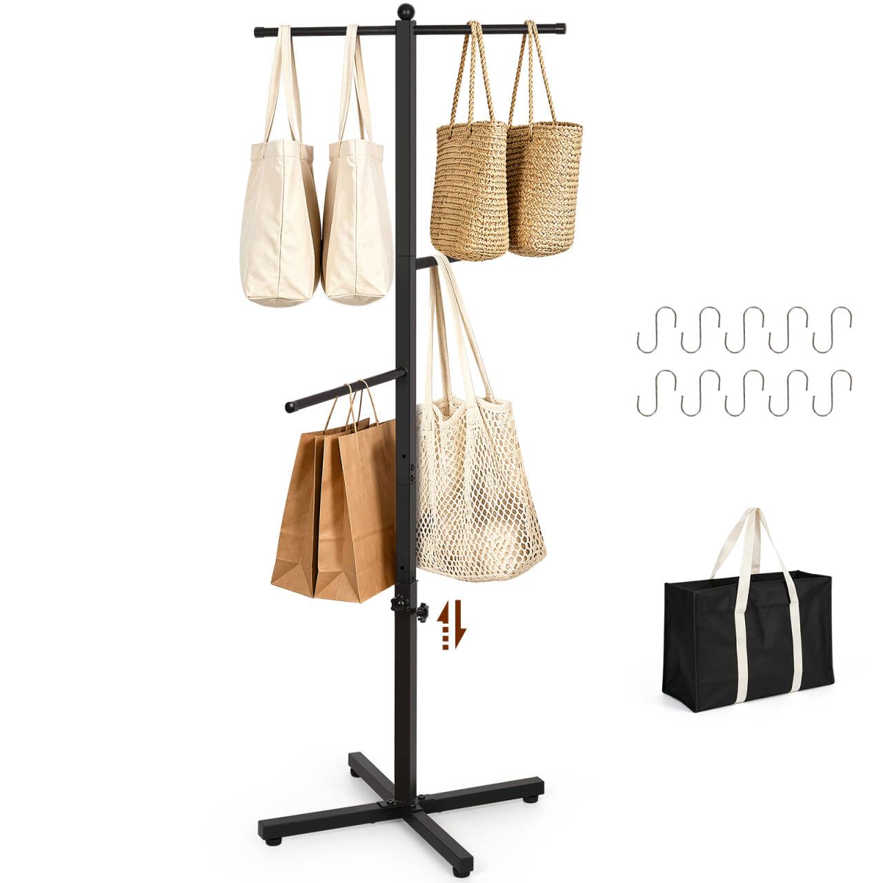 Flenpptly Adjustable Height Shopping Bag Rack, 48-60 Inch, Black | Heavy Duty Metal Bag Rack Stand with Storage Bag & 10 Hooks, Bag Display Stand Suitable for Stores, Boutiques, Trade Shows