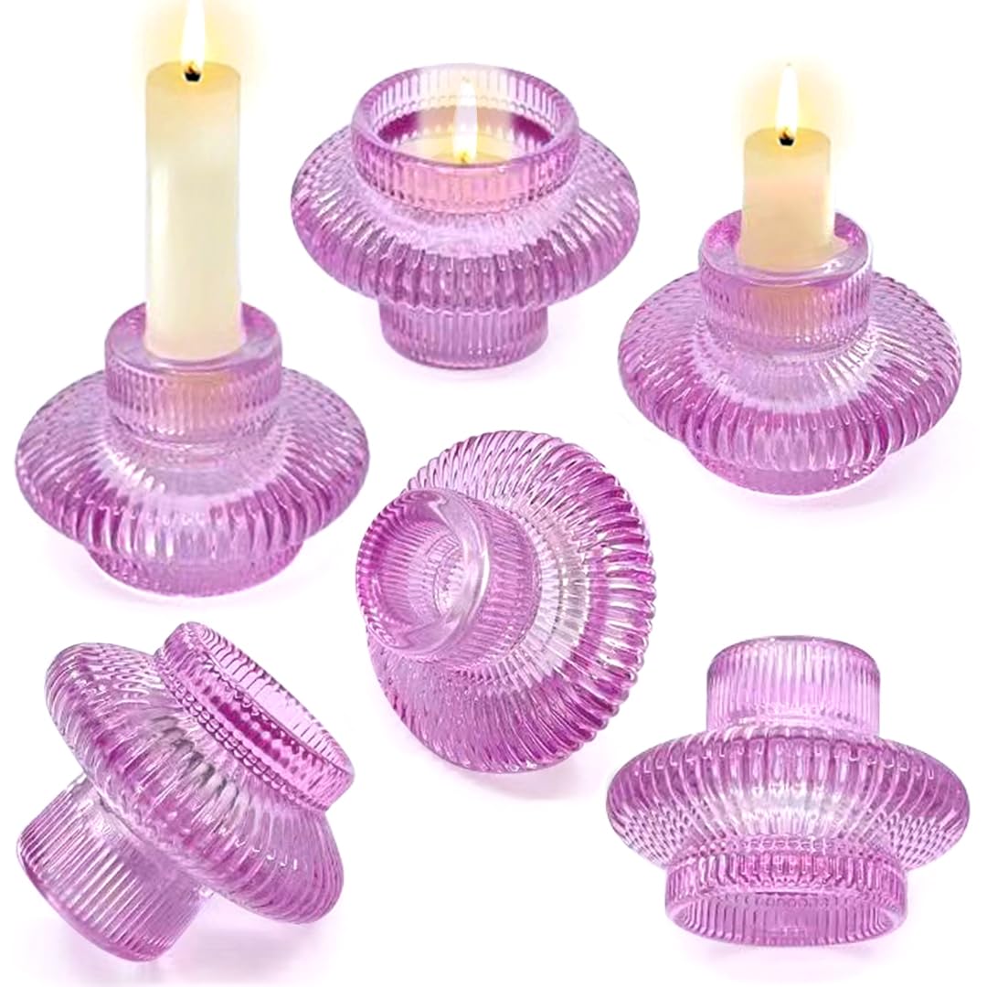 GFORU Glass Taper Candlestick Holders 6pk- Tealight Candle Holders Vintage Design Boho Mental Décor Table Centerpieces for Wedding Birthday Shower Bridal Dinner Party (6pcs x Lilac), YCH6PK011224