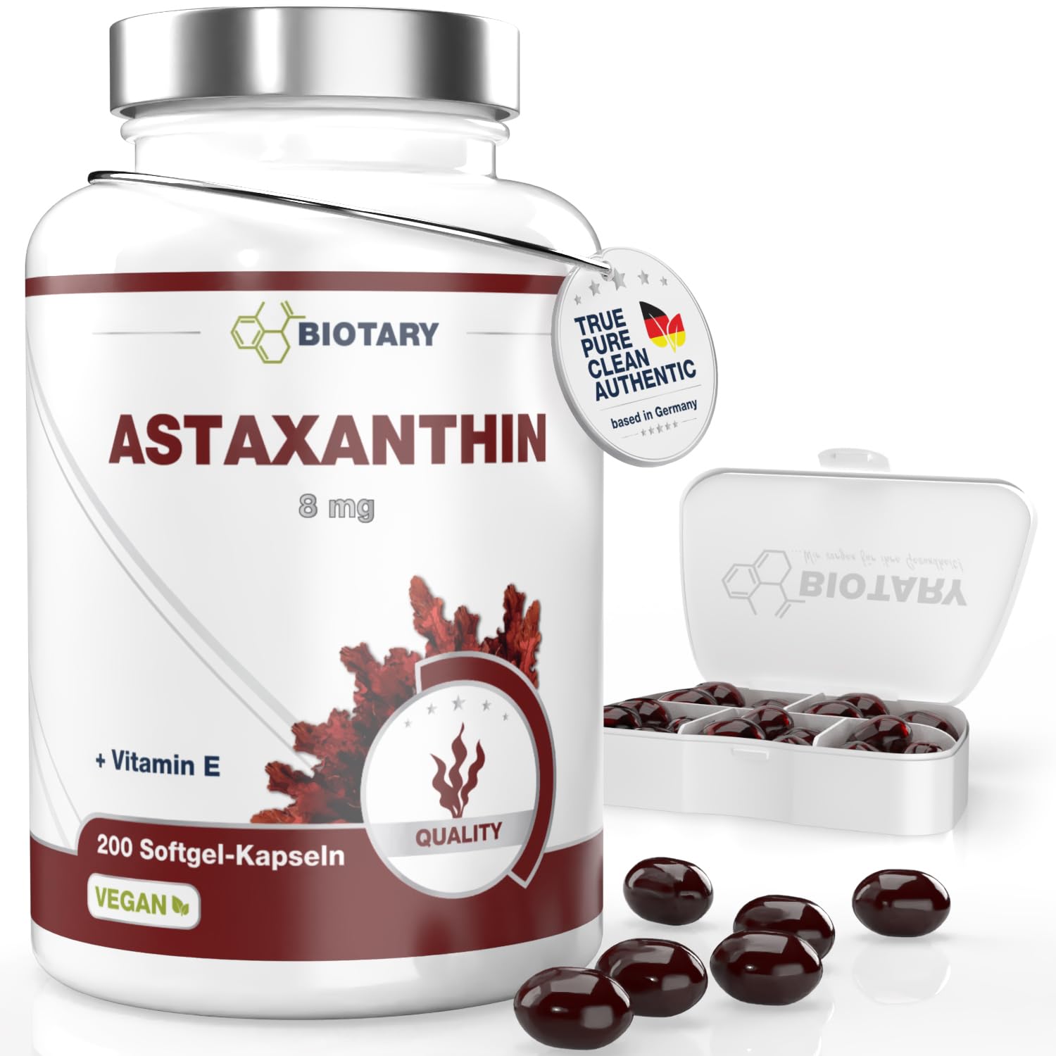 Astaxanthin 8mg 200 Softgel Kapseln aus Haematococcus Pluvialis Alge inklusive Vitamin E und Pillenbox 6.5 Monate Vorrat 100% vegan reine Rezeptur geprüfte Qualität