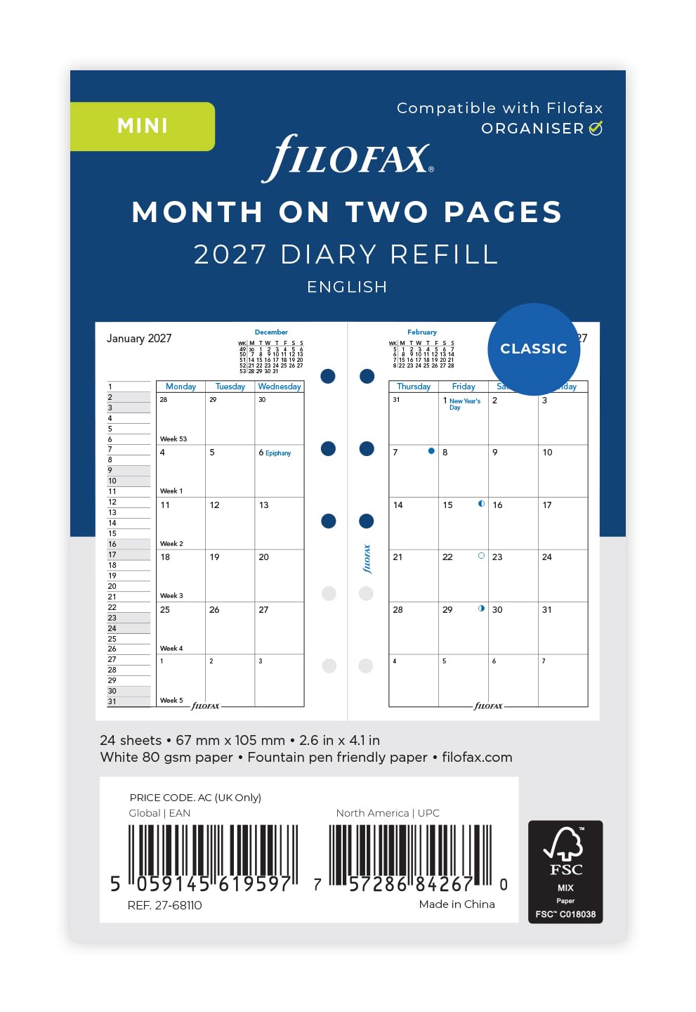Filofax Mini Month on two pages English 2027 diary 27-68110
