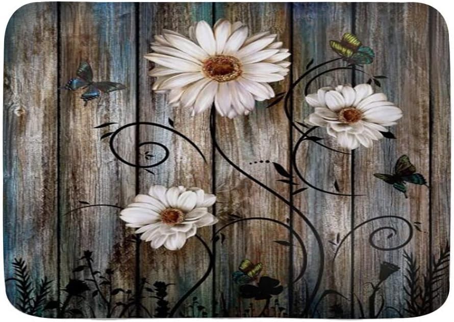 CosrKee Bath Mat,Rustic Grey Floral Butterfly Daisy American Country Farm Style,Bath Rugs Non-Slip Bath Mats for Shower Bedroom 16x24 Inch