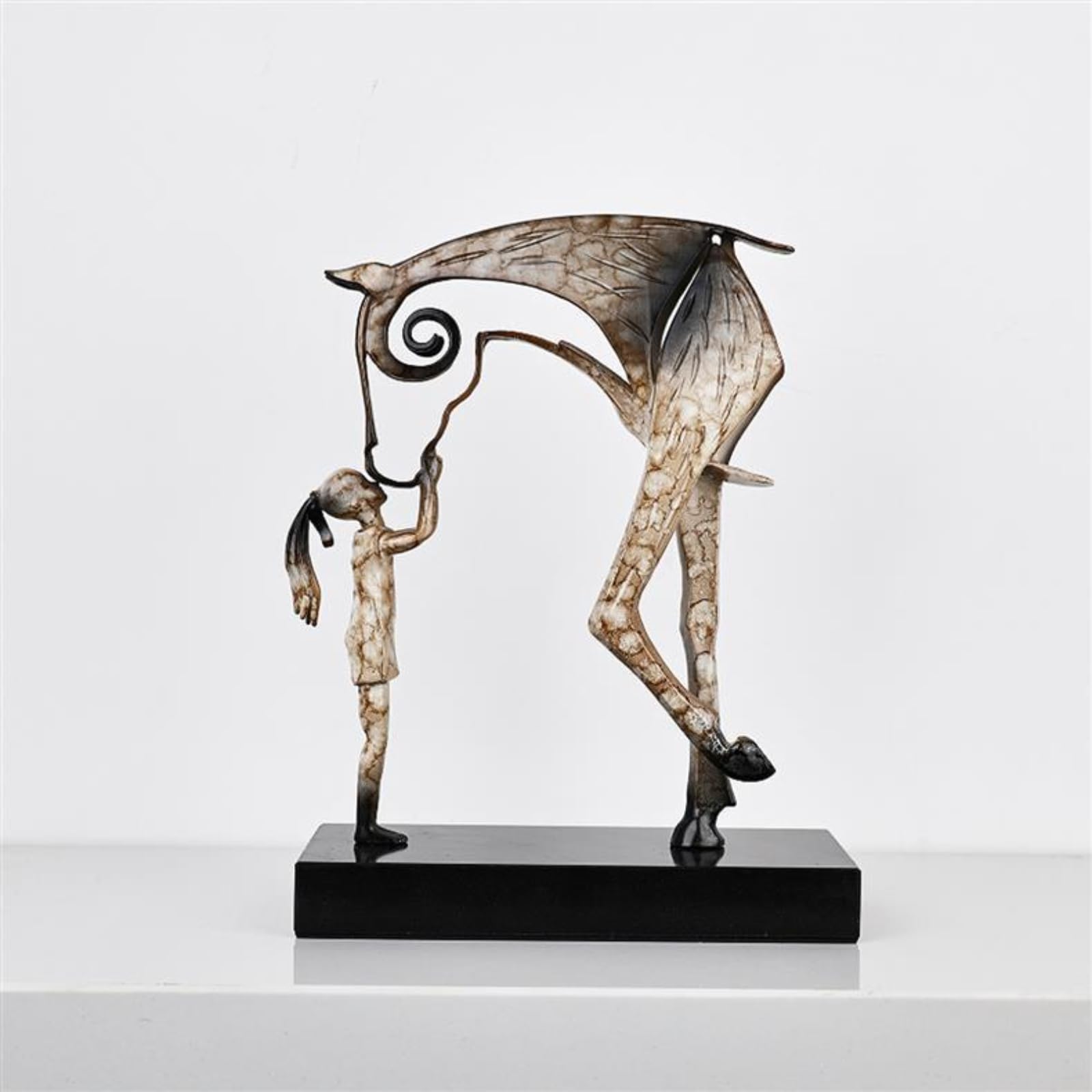 Scultura Statua Equestre Donna con Bambina Cavallo Statuina Moderna Lega di Zinco Base in Marmo Ornamento Artistico Minimal Adatto per Soggiorno Studio Scrivania Consolle Casa, Bronzo Antico