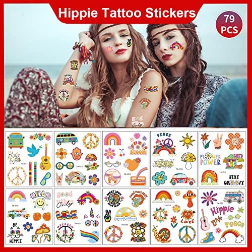 Hippie Temporary Tattoos Groovy Hipple Face Body Fake Tattoos Waterproof Peace And Love Tattoos Stickers For Women Kids Adult 70S Party Birthday Favor #TOP1