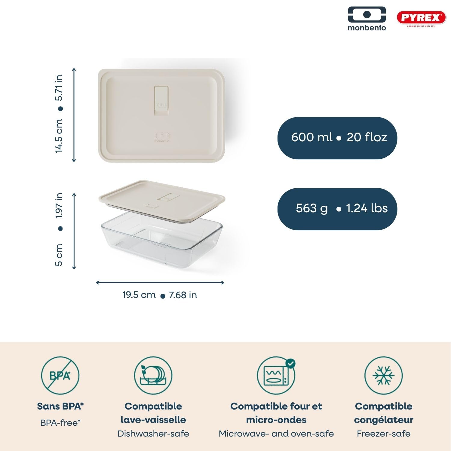 monbento x Pyrex – 5er-Set MB Prep-Glasbehälter – 5 x 600 ml – Luftdichte Behälter aus Borosilikatglas, zur Zubereitung großer Mahlzeiten, ofen- und mikrowellengeeignet, BPA-frei