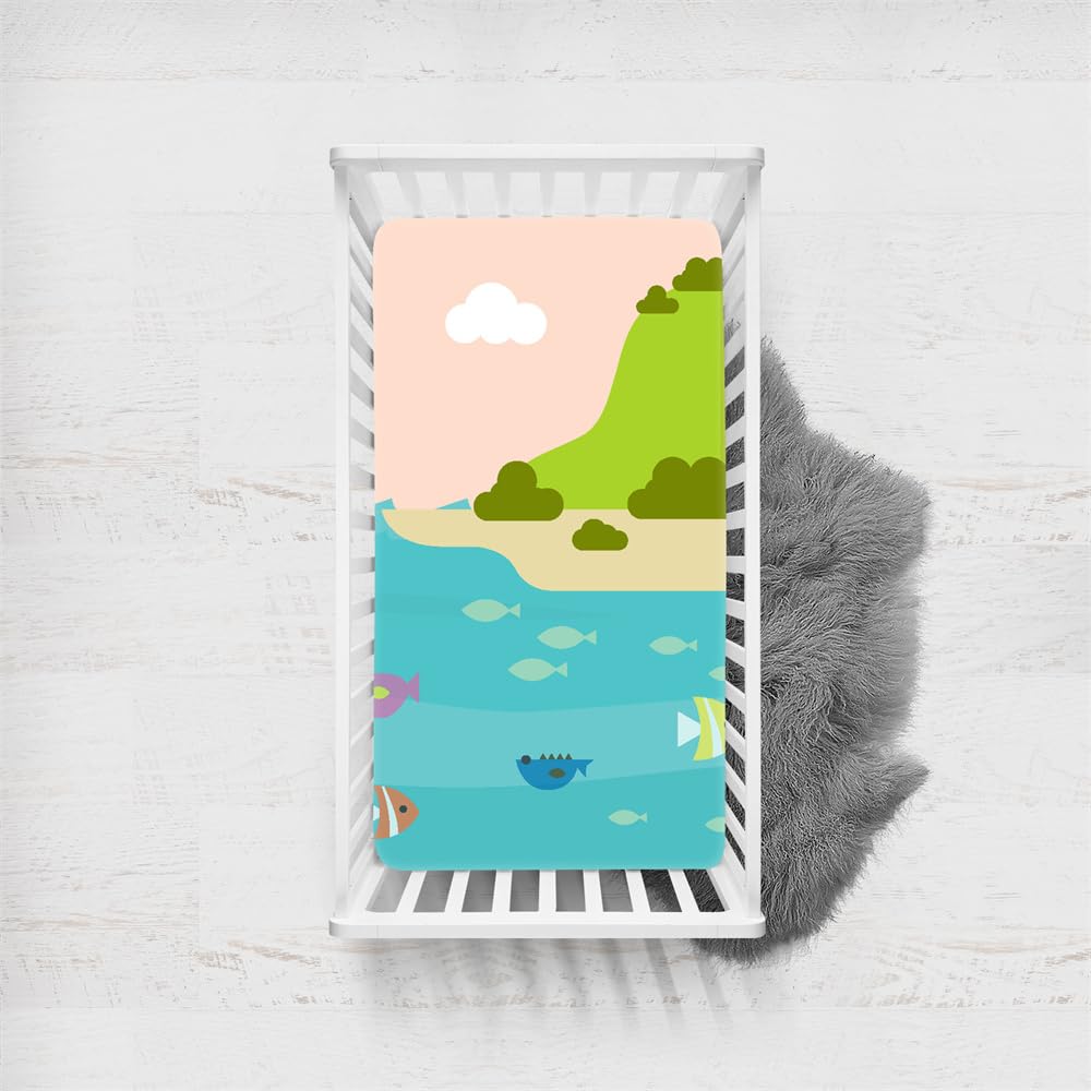 Odot Cot Bed Sheets Fitted Sheets Travel Cot Sheets Cartoon Ocean Island Print Microfiber Cozy Lightweight Breathable Mattress Protector for Baby Bedside Cribs Bassinet (100x135cm,Beach)