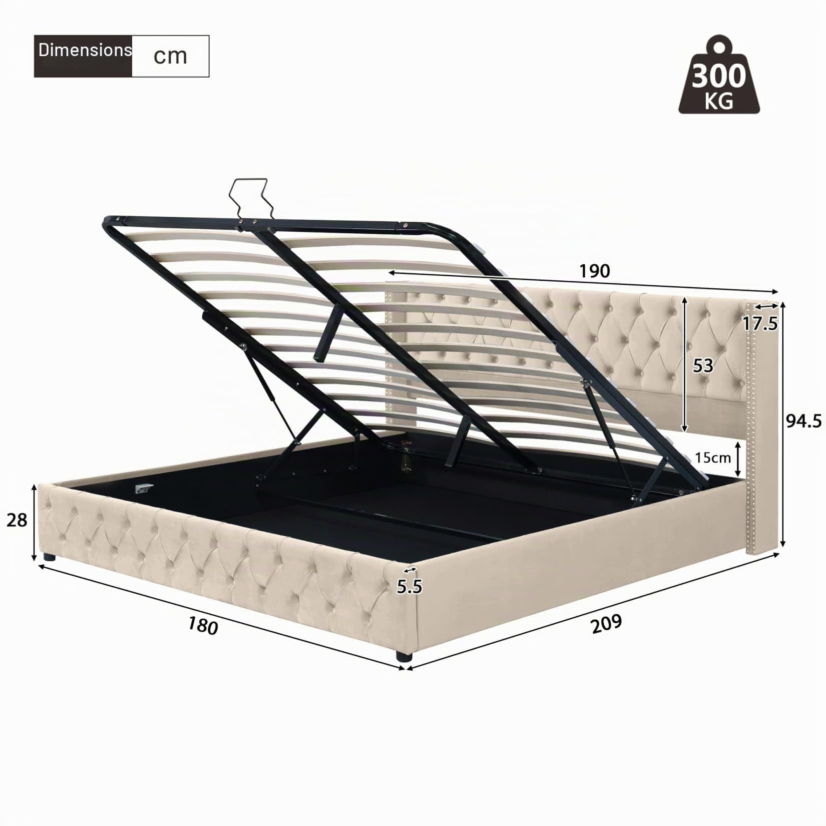 EURHCIO Lit Coffre 180x200cm,Lit Double avec Rangement,Tissu de Velours,Tête de Capitonné,Sommier à Lattes,Design Rivets et Coutures Boutons,sans Matelas (Beige, 180x200)