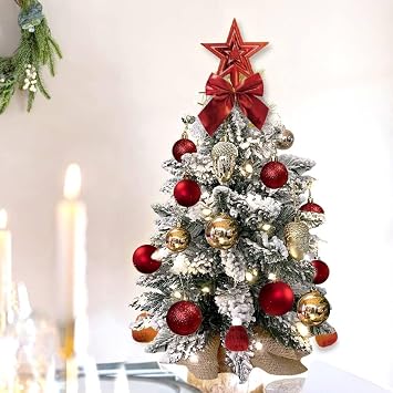 22in Tabletop Christmas Tree with Light Artificial Small Mini Christmas Decoration with Flocked Snow, Exquisite Decor & Xmas Ornaments for Table Top for Home & Office Red